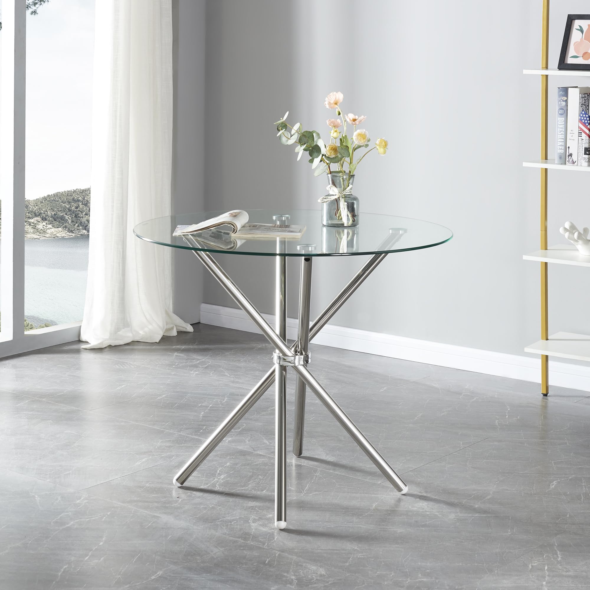 Panana Black Glass Dining Table With Metal Legs Modern Kitchen Tables (Clear Round, 90cm Round)