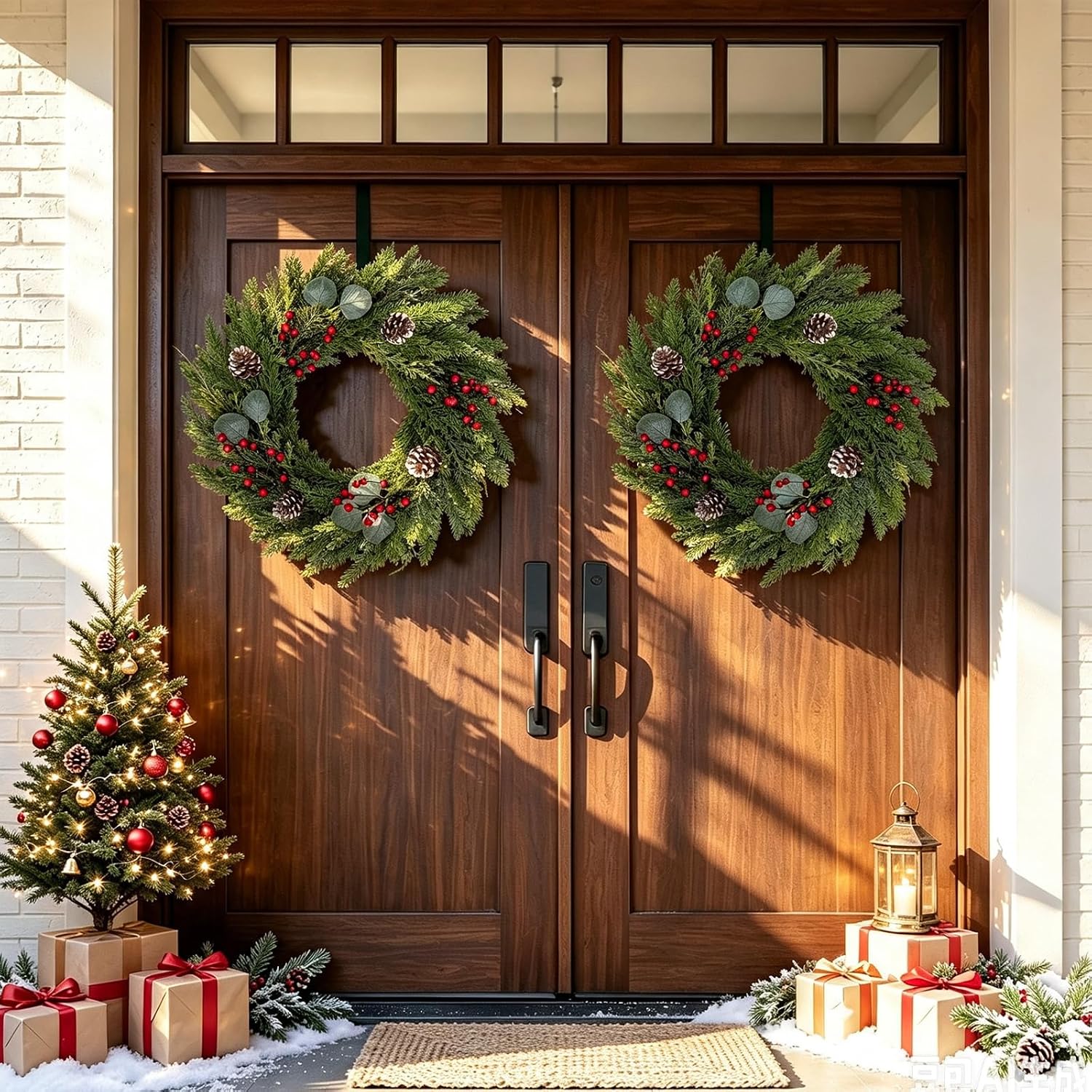 24 Inch Christmas Wreath with Lights, Christmas Decorations Cedar Wreath Fake Plants Real Touch Pine with Red Berry Pine Cones Xmas Decor for Front Door Mantel Fireplace Wall Holiday Winter Decor