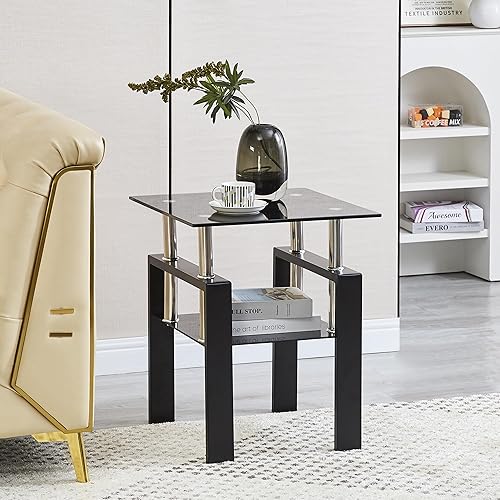 Miniatura 14 de Mesa auxiliar de cristal moderna para sofá, mesa de centro pequeña negra, mesa de sala de estar, mesita de noche cuadrada, patas de metal de vidrio