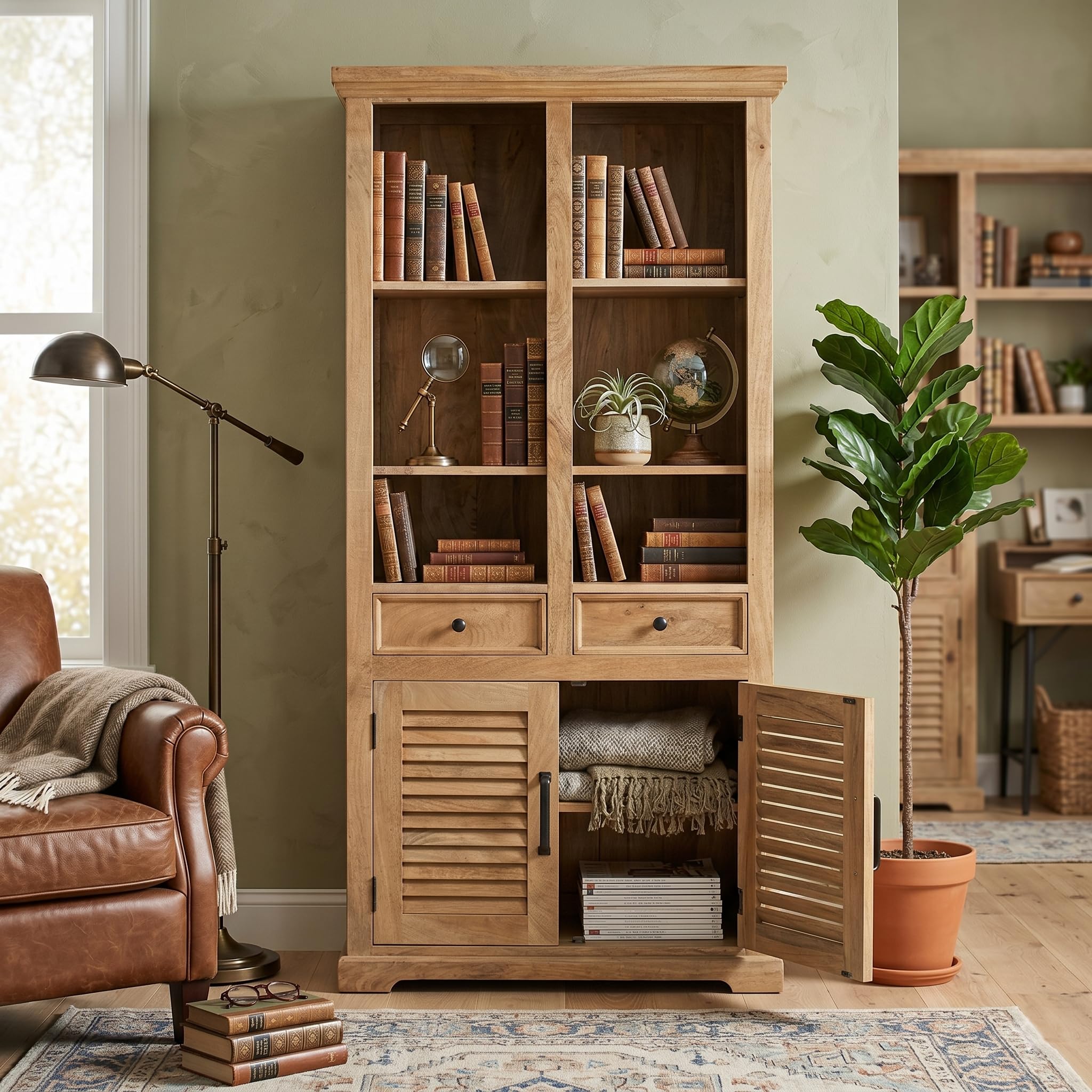 ANGEL FURNITURE Munich Solid Mango Wood Bookshelf Natural Finish | 180cm Tall, Fluted Cabinet Doors, 2 Drawers, Pre-Assembled, Floor Standing-image-26
