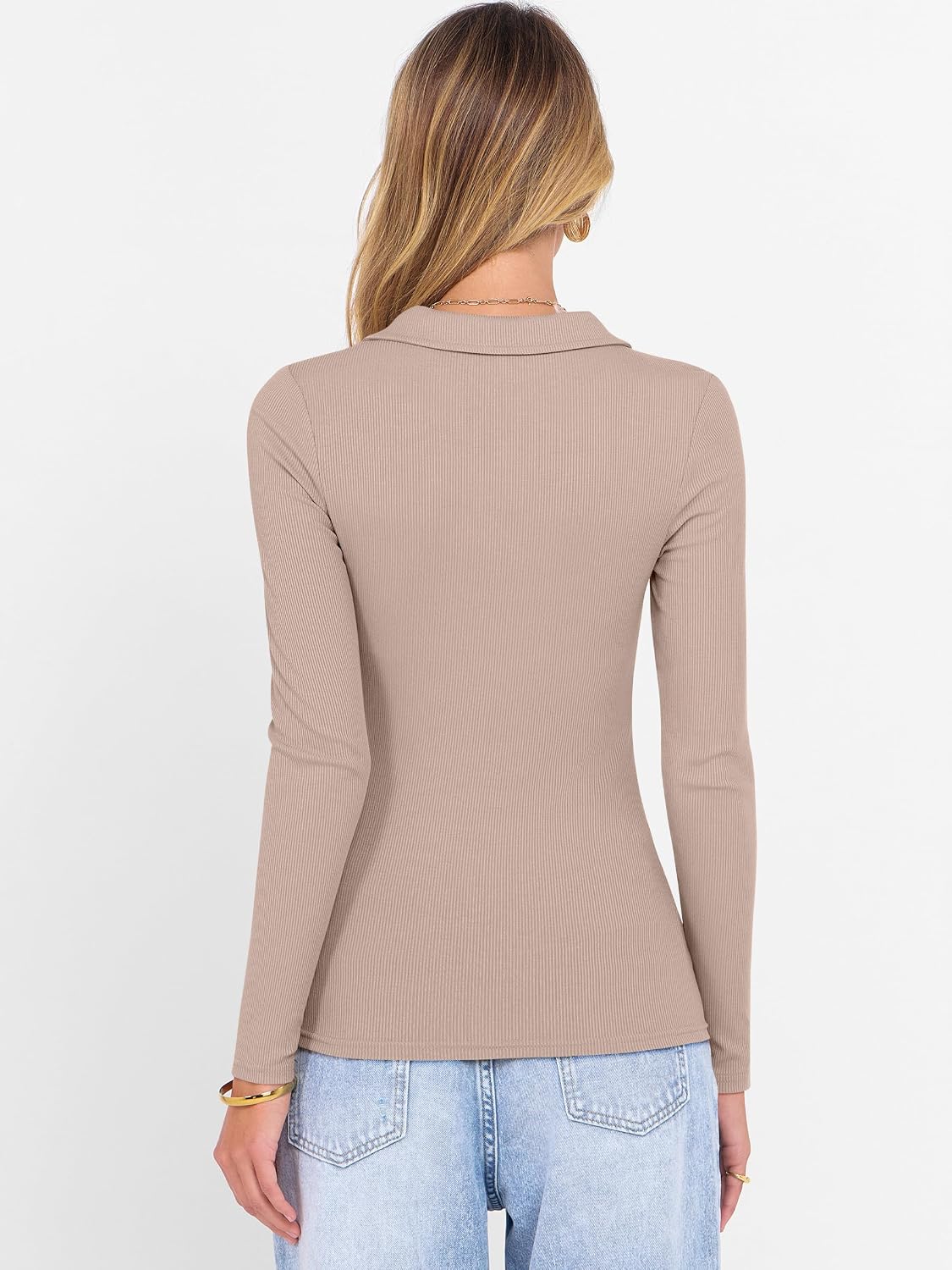 ANRABESS Women Long Sleeve Polo Shirts V Neck Slim Rib Knit Collared Dressy Business Casual Top 2026 Basic Tee Fall Outfits