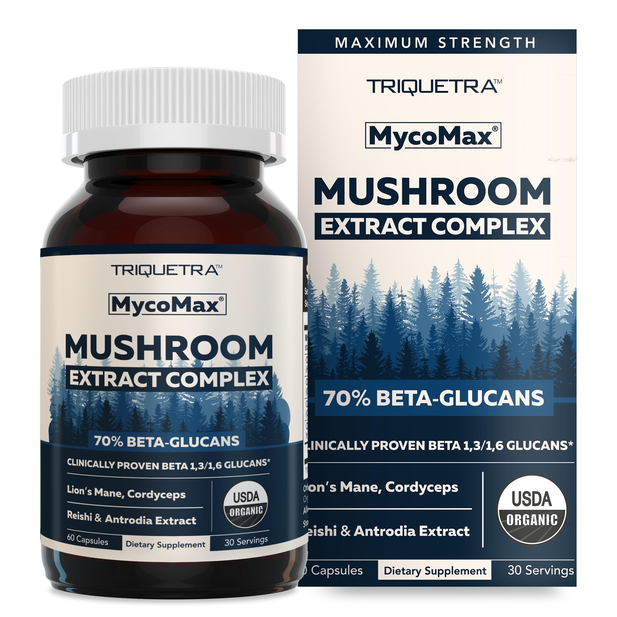 MycoMax Mushroom Complex - 70% Beta Glucans, Max Potency Mushroom Supplement, US Grown + Ultrasonic Extraction - Lions Mane, Cordyceps, Reishi & More - Cognition, Immunity, Energy - 60 capsulesUSDA Organic