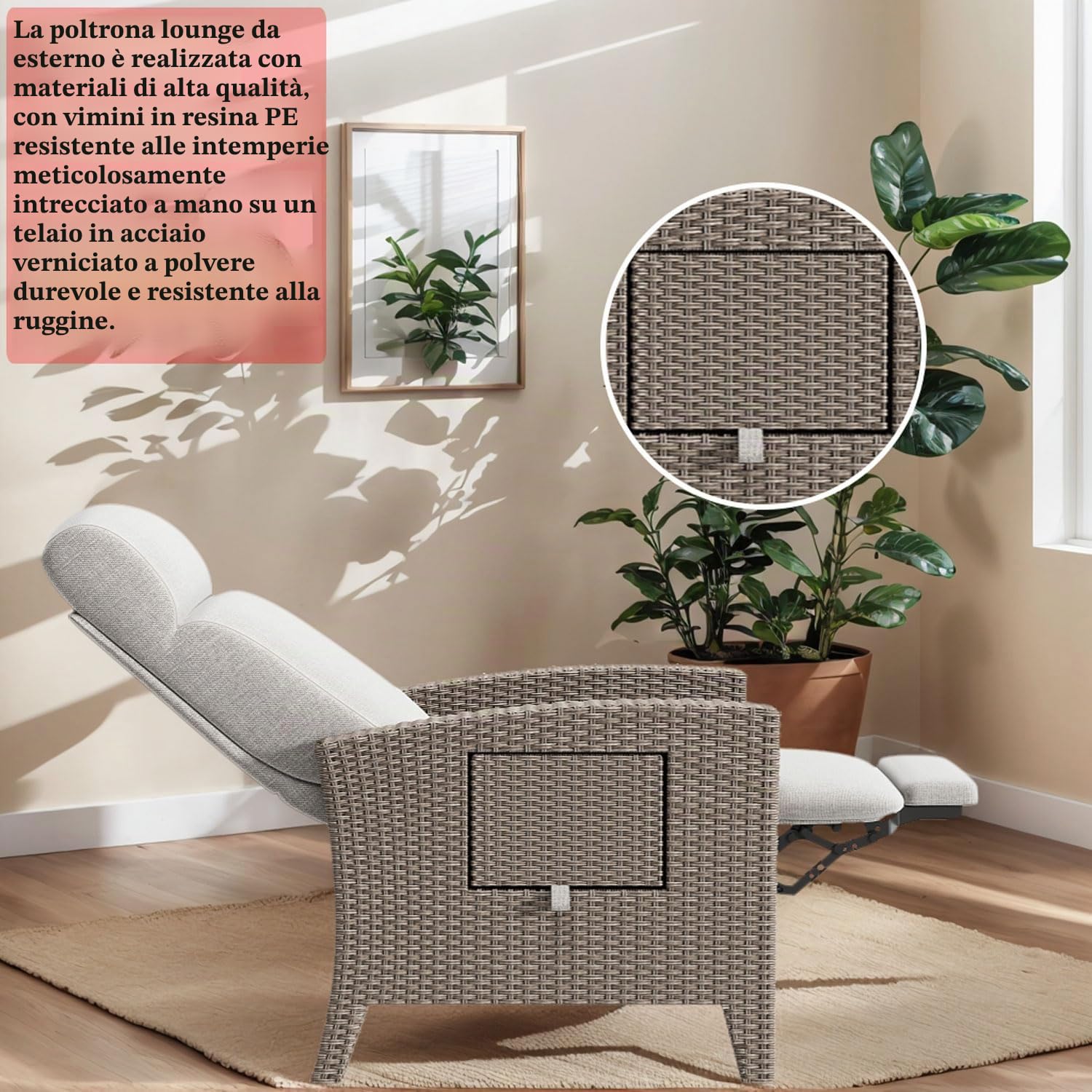Lettino Prendisole con Schienale Regolabile, Poltrona Relax in Rattan, Sdraio da Giardino, Poltrona Reclinabile, Sedia Sdraio da Esterno, per Interno Cortili y Balconi (A- Destra)
