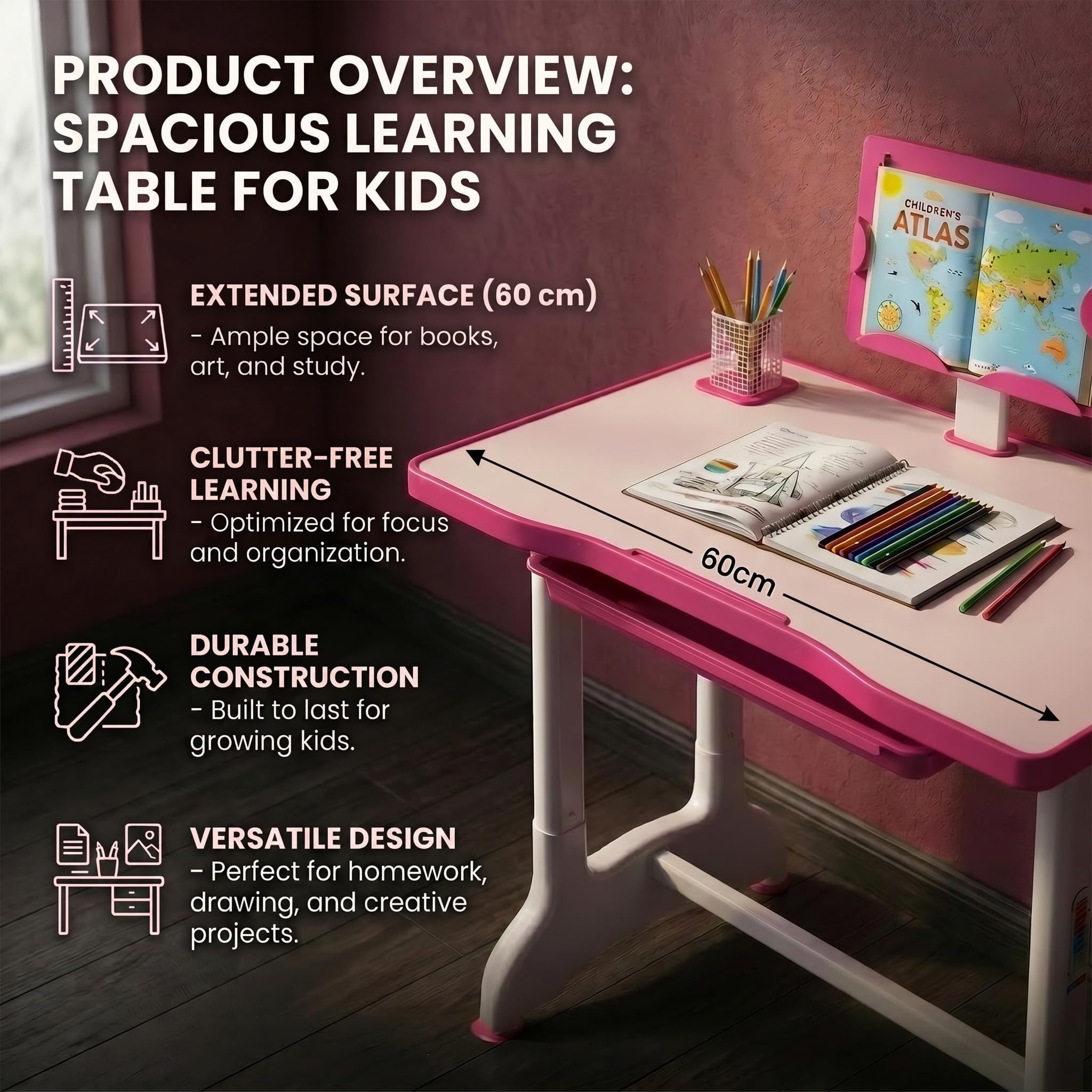 StarAndDaisy Study Table for Kids 3-12years Boys Girls/Kids Study Table with Hight Adjustable Table & Chair, Book Storage, Book Holder & Cup Holder (Blue (with LED LAMP) (E60-Pink) 4