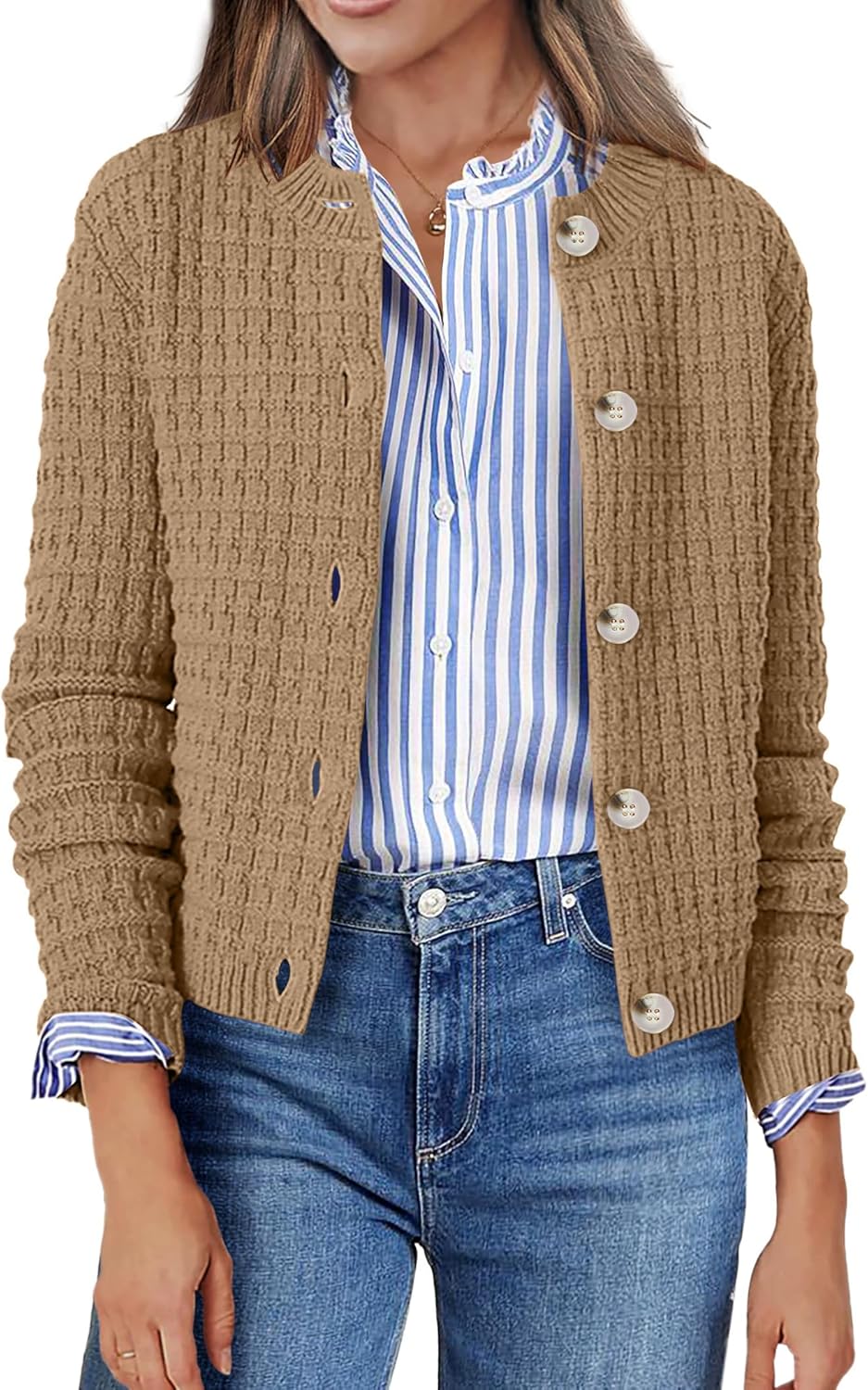 Zeagoo Women's 2026 Cardigan Sweaters Button Down Crew Neck Open Front Long Sleeve Knit Cropped Jackets