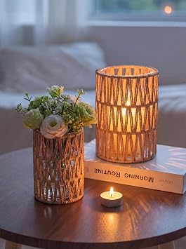 NUPTIO Rattan Boho Hurricane Lanterns Set of 2 Pillar Candle Holders with Glass Cylinders- Farmhouse Vases for Home Coffee Table Centerpieces Decor