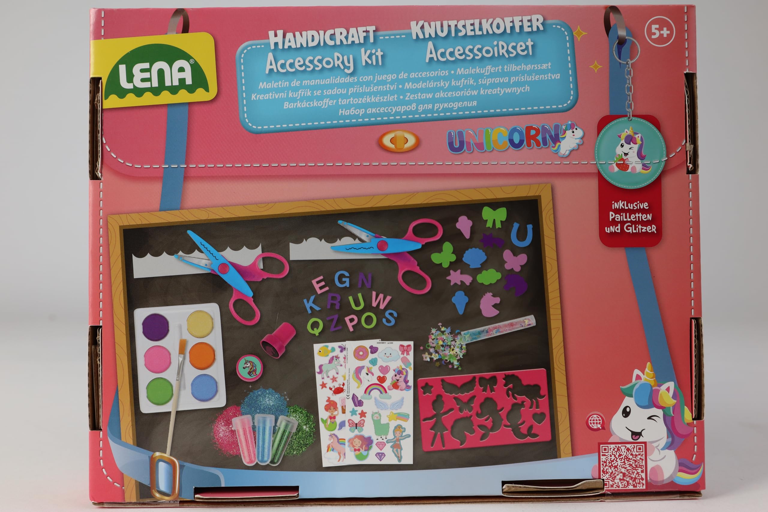 Lena - kit de manualidades juego de accesorios - 350 piezas: Tijeras de contorno, sellos, acuarelas, pinceles, pegatinas, lentejuelas y mucho más - kit de manualidades para niños a partir de 5 años