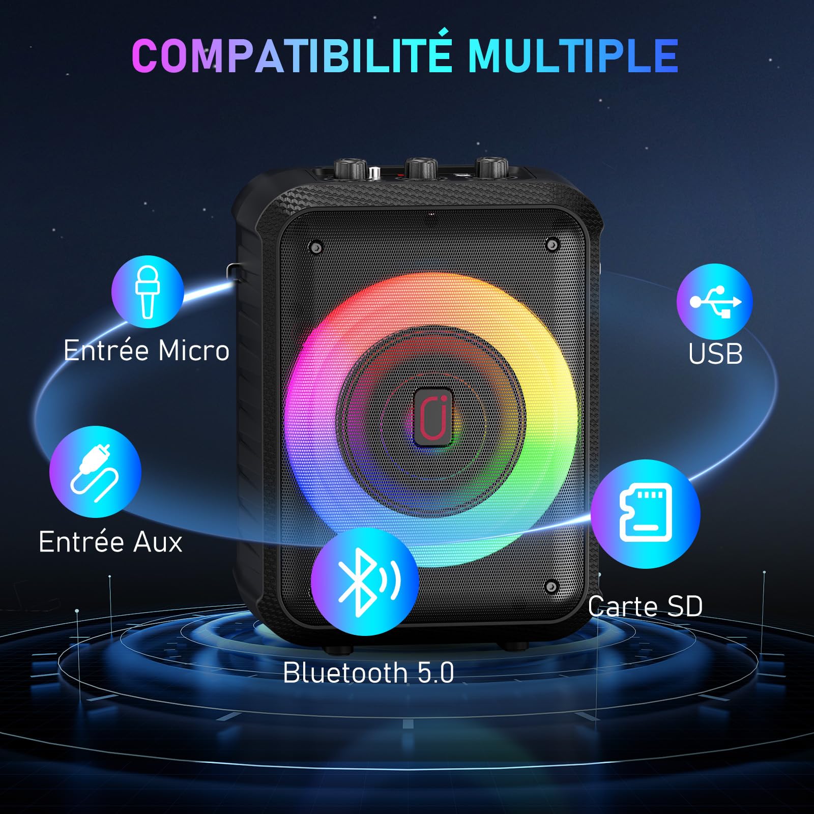 HWWR Karaoke Adulte, 120W Enceinte Karaoke 2 Micro sans Fil, Haut-Parleur Bluetooth Portable, Système de Sonorisation Professionnel avec Lumières LED pour Fête à Domicile, Support TF/USB/AUX/TWS