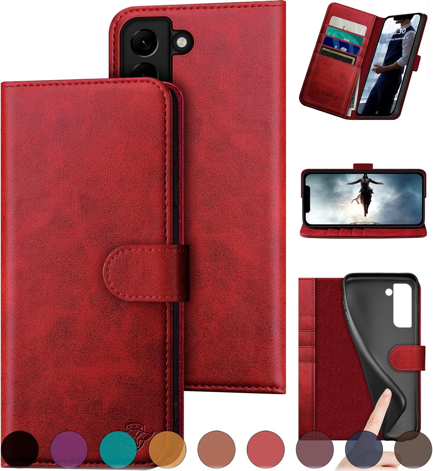 DuckSky for Samsung Galaxy S22 Genuine Leather Wallet case 【RFID Blocking】【4 Credit Card Holder】【Real Leather】 Flip Folio Book Phone case Protective Cover Women Men for S22 case Red
