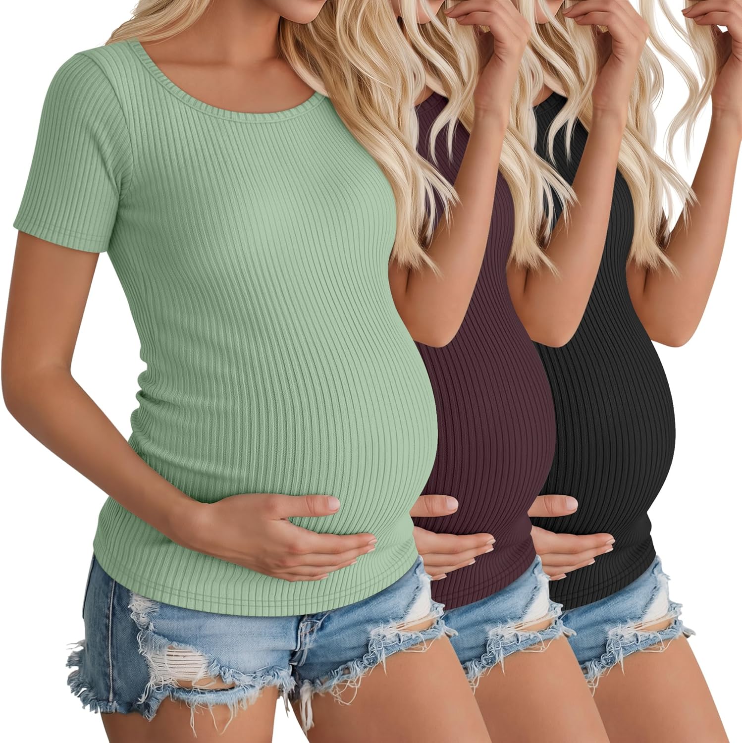3 Pack Womens Maternity Shirts Summer Short Sleeve Ribbed Pregnancy Clothes Casual Loose Fit Workout Cotton Tees