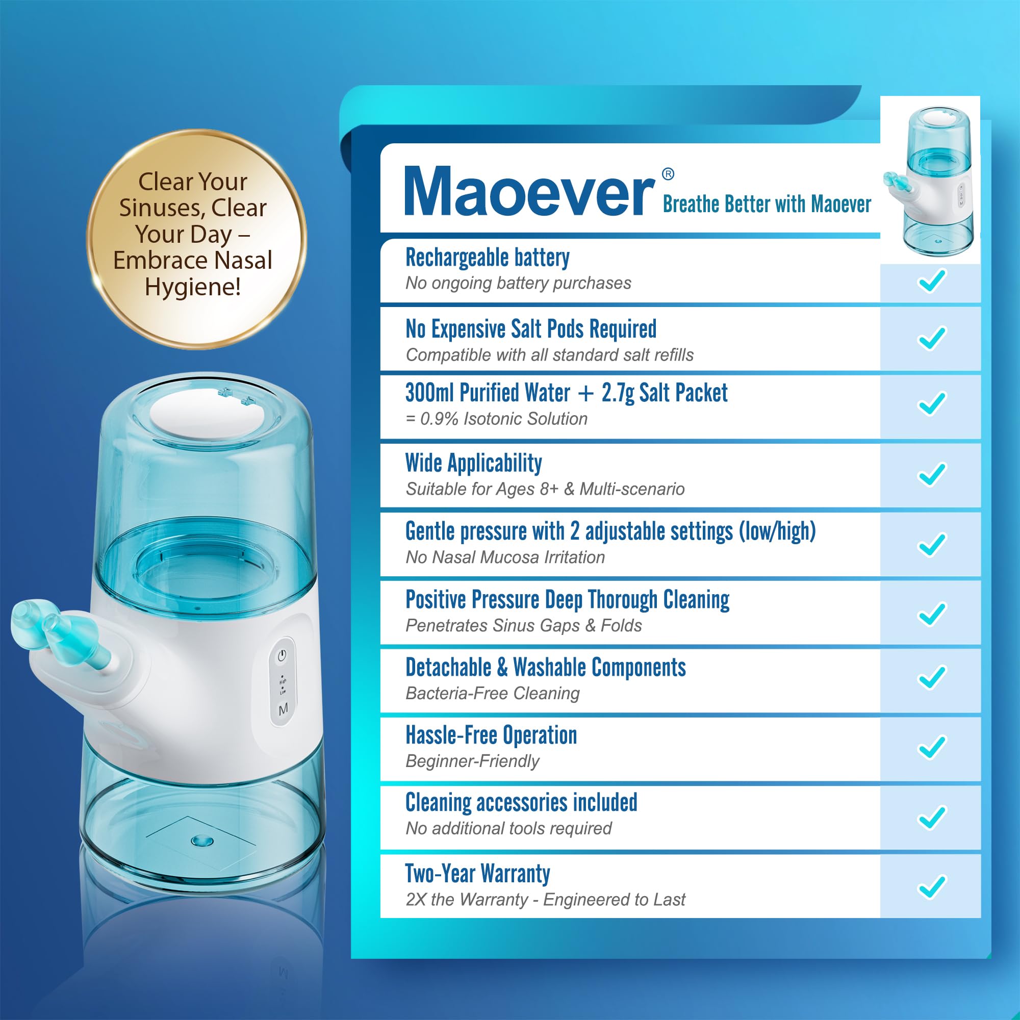Electric Nasal Irrigation System – Sinus Rinse Machine with Dual Water Tank, Automatic Waste Collection & & 2 Speed Adjustable Water Flow, Congestion & Sinus Care, Positive Pressure(301ml) — Amazon image 3