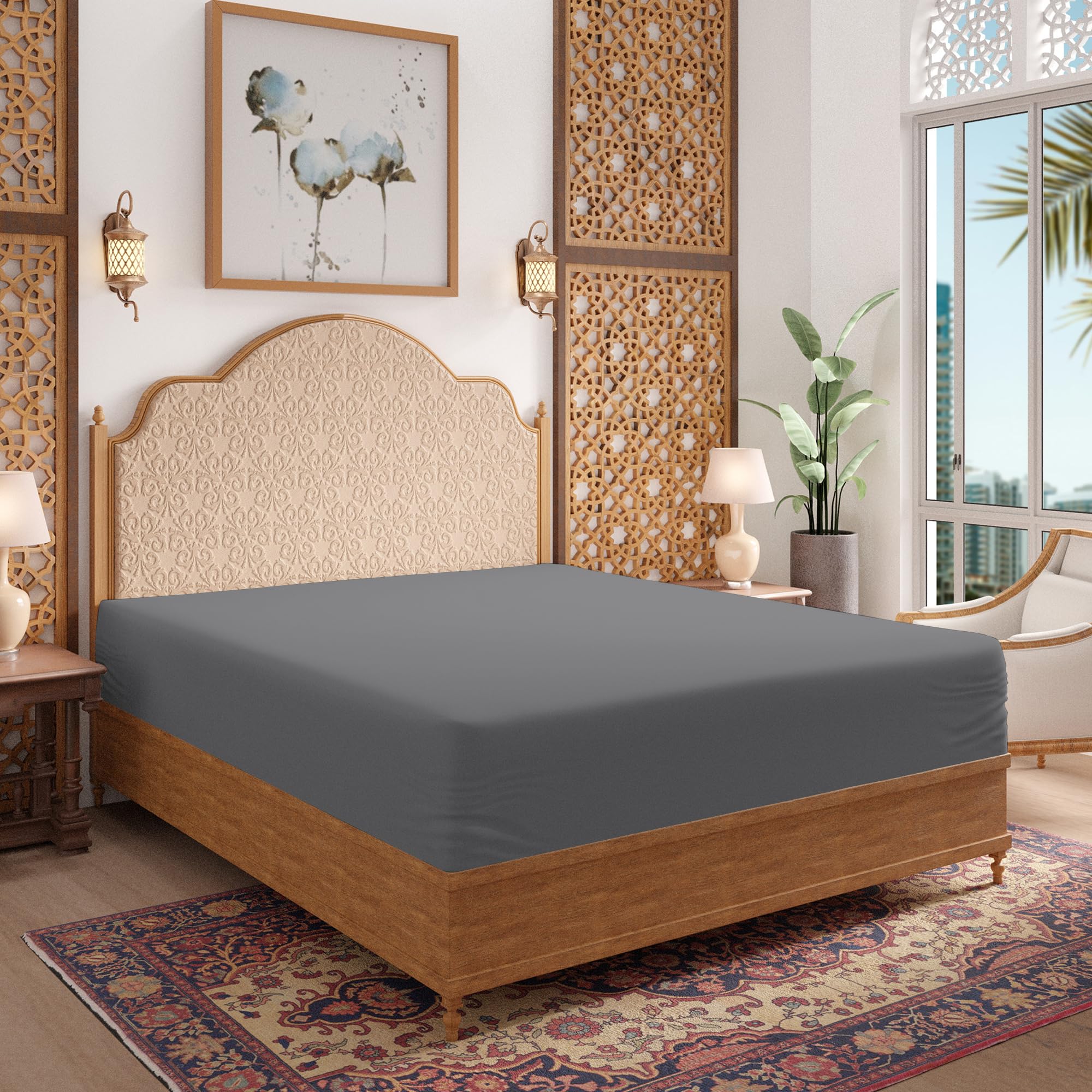 Purity Home Premium 300 Thread Count King Fitted Sheet with Deep Pockets - Organic 100% Cotton - Cool, Crisp & Breathable - Percale Weave Sheets - Elastic King Fitted Sheet - Dark Grey