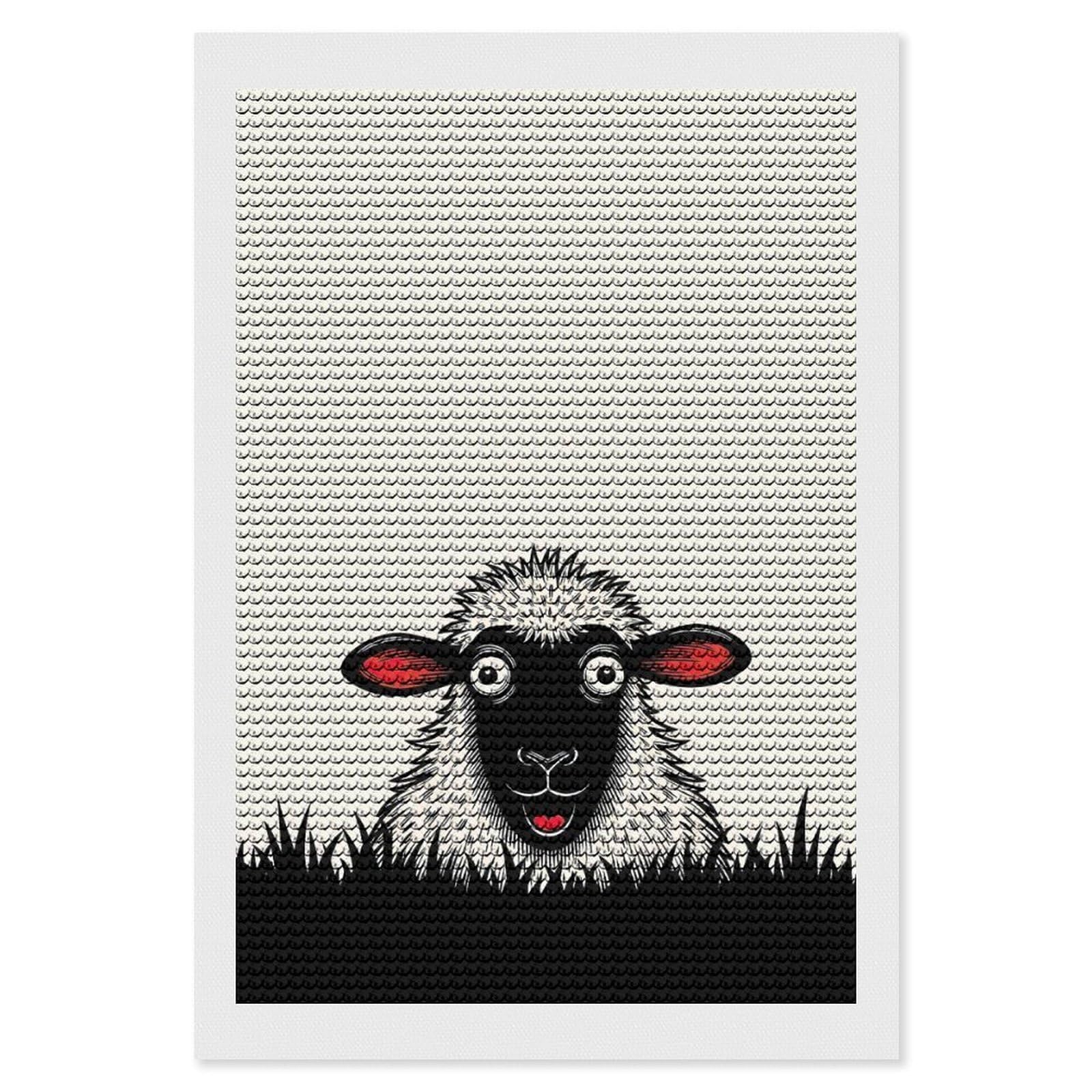 Junmoney Funny Sheep Peeking Over Grass Round Drill Diamond Painting 8"x12", Satisfying Creative Project, Complete Accessories, Printed Canvas