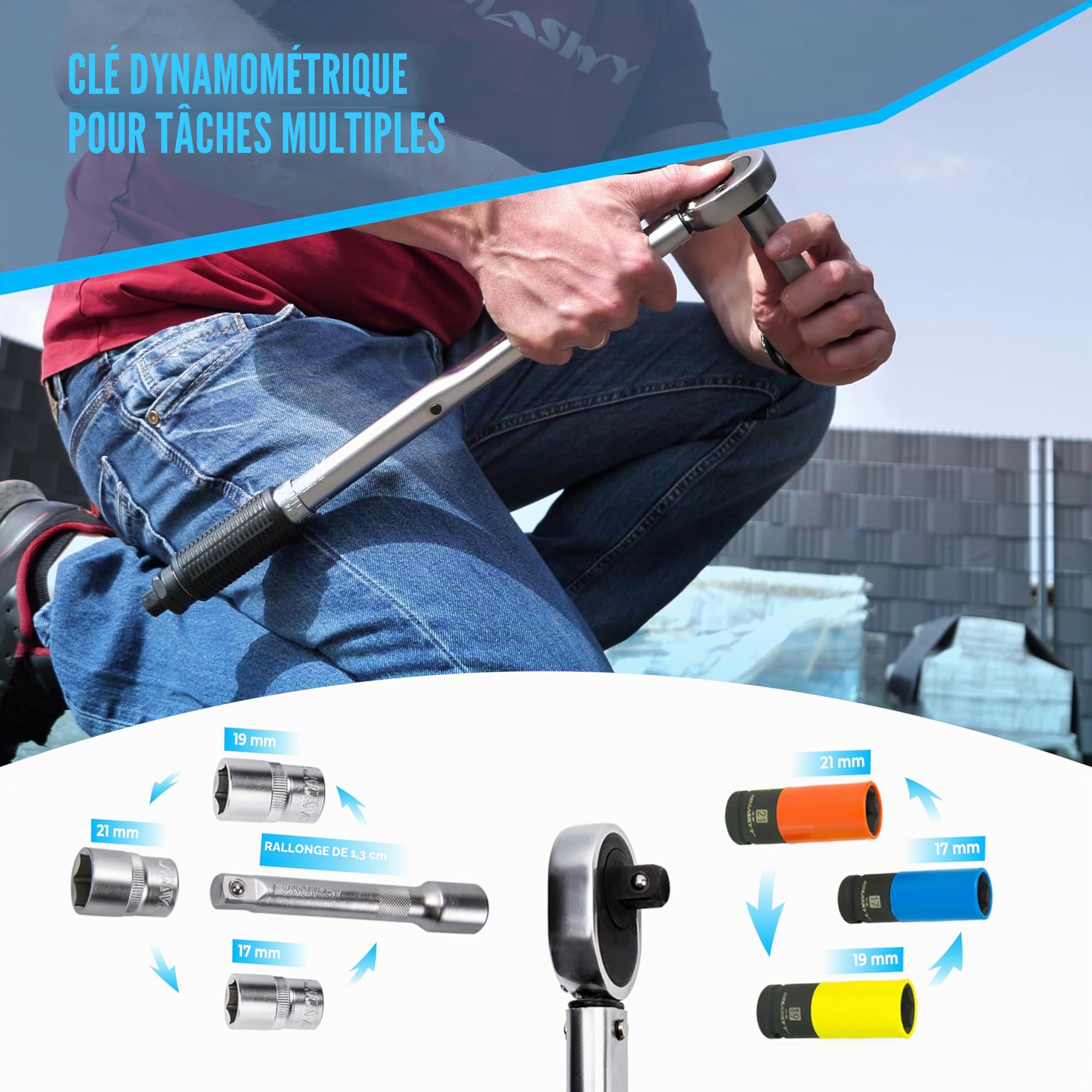 HASKYY Clé Dynamométrique 1/2" 28-210NM 3 CR-MO douilles à choc 17-21mm 3 CR-V douilles 17-21mm Extension 125mm