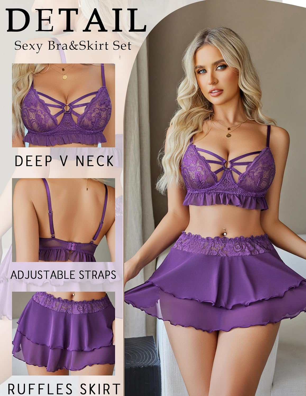 Avidlove Lingerie for Women Naughty Lace Bralette and Mini Skirt 3 Piece Lingerie Set Rave Outfits S-XXL - Image 2