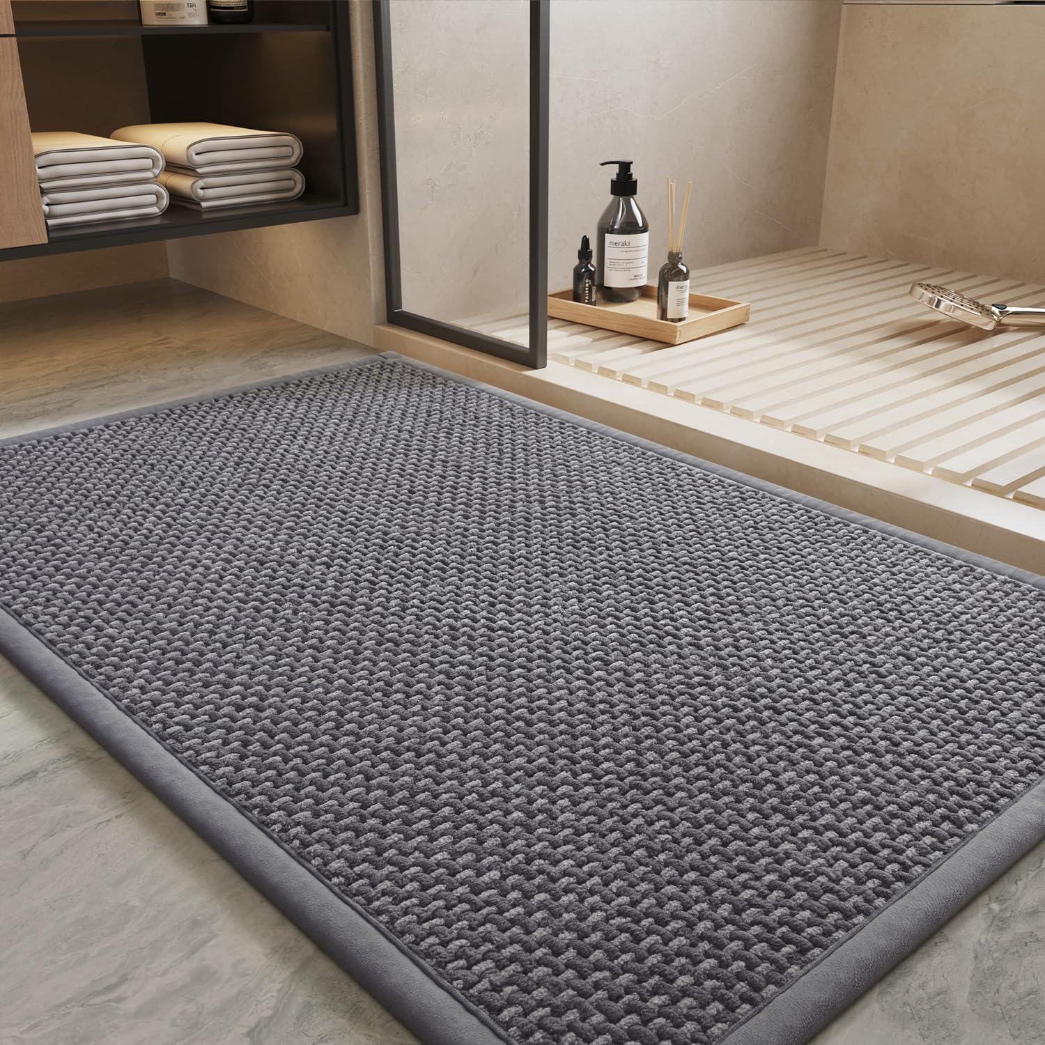 PADOOR - Tapete de baño de felpilla superabsorbente, con parte trasera de goma, antideslizante, lavable a máquina, parte delantera de la bañera, ducha, lavabo, 61 x 91 cm, gris y gris oscuro