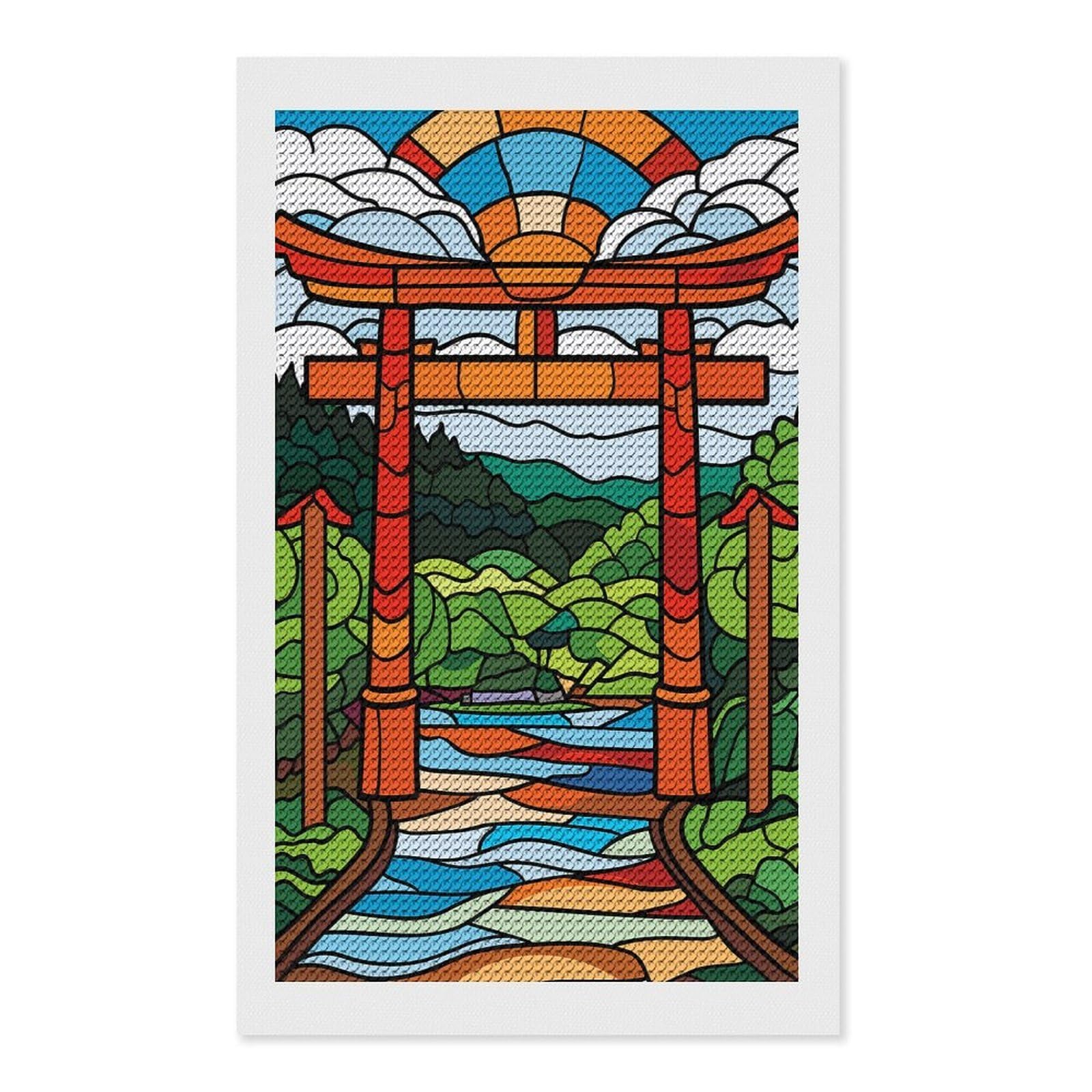 Junmoney Stained Glass Torii Gate Landscape Diamond Painting Canvas Set 12"x20", with Tool Kit, Easy to Enjoy, Home Wall Decor, Thoughtful Handmade Gift