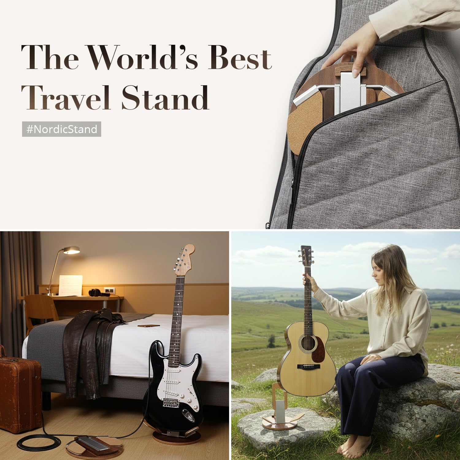 NordicStand - Supporto pieghevole in legno per chitarra, universale, per chitarra acustica, elettrica, basso e ukulele, portatile, pieghevole ed ecologico (rovere)