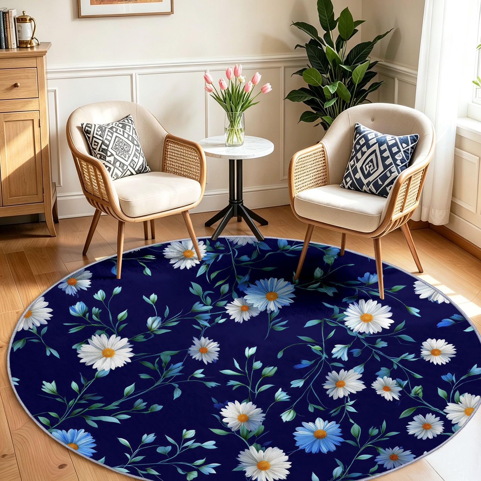 Generisch Alfombra redonda lavable salón 180 cm azul estilo rústico