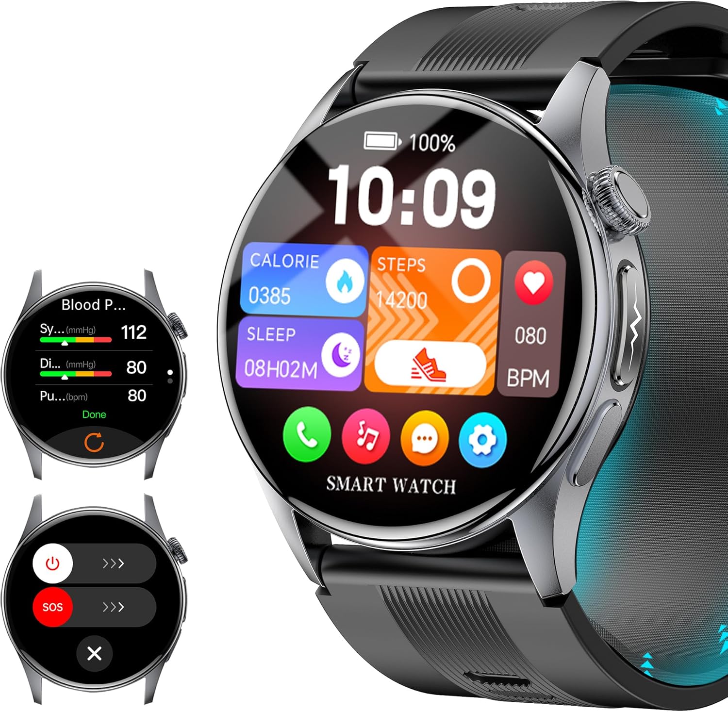 1.56” AMOLED Large Screen Smart Watches for Men Women, Airbag Blood Pressure Monitor Watch with Heart Rate Blood Oxygen Stress Sleep Tracking, SOS, Smart Fitness Watch for Android iPhone (Black)