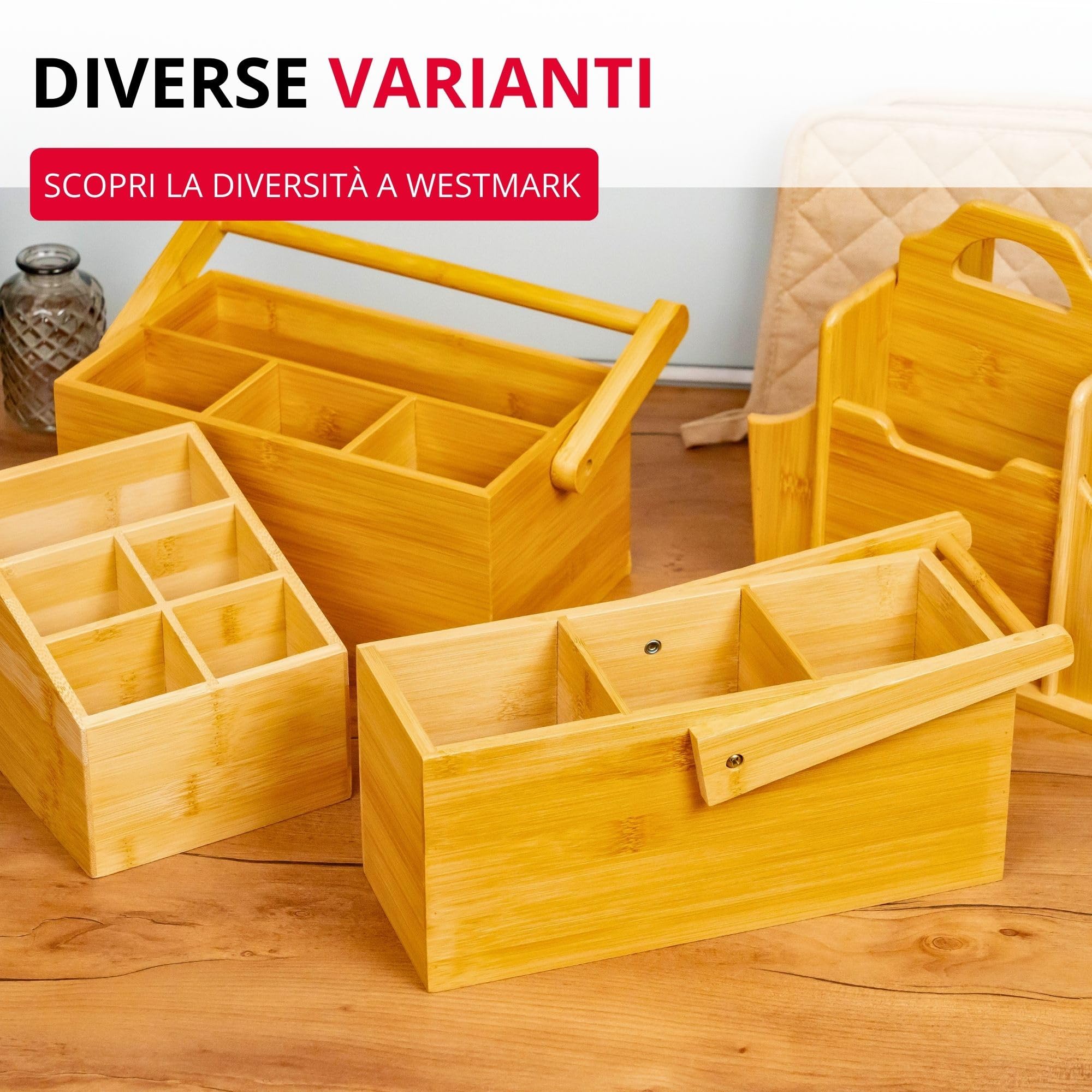 Westmark Cestino portaoggetti da cucina, 3 scomparti, Con maniglia, Dimensioni: 26,5 x 27,8 x 10 cm, Bambù, Tapas + Friends, Marrone chiaro, 69822270