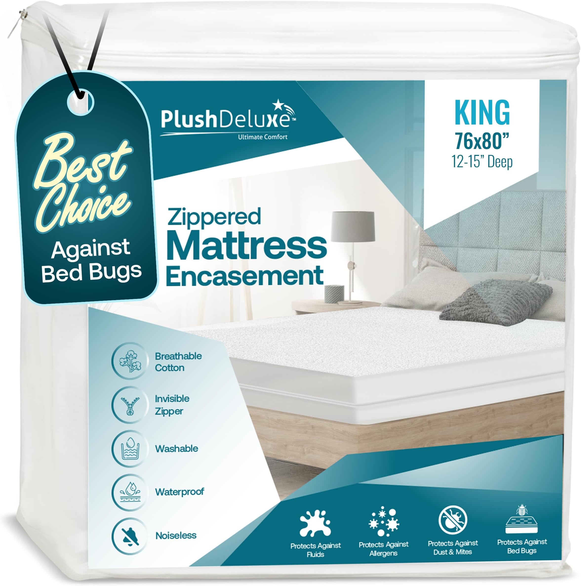 Premium Zippered Mattress Encasement, 100% Waterproof, Bed Bug/Dust Mite Proof And Hypoallergenic Cotton Terry Surface, 6 Sided Mattress Protector (Fits 12''-15'' H) KING SIZE, 10-Year Warranty