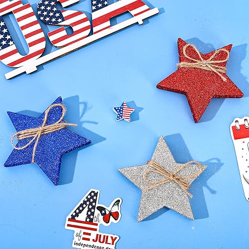 Miniatura 5 de Whaline 6 piezas de decoración patriótica de mesa de estrellas de madera, estilo clásico de estrella y purpurina, rojo, azul, blanco, 3.9 x 0.6