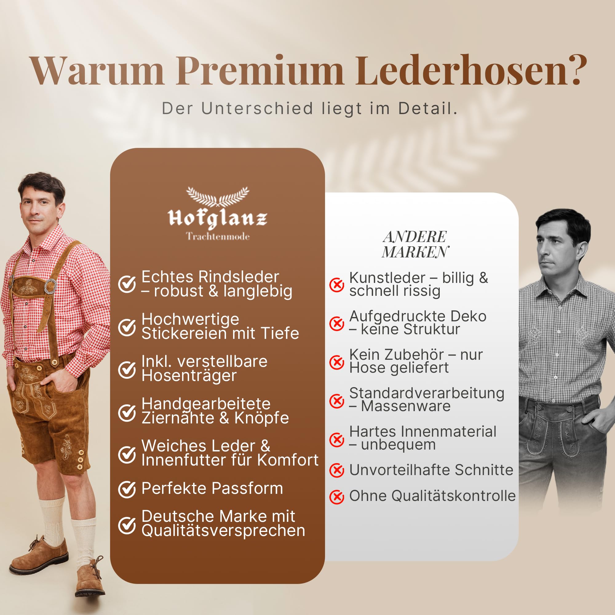 HOFGLANZ® Trachten Lederhose Herren Kurz - Hochwertige Trachtenhose für Herren mit Hosenträgern - Traditionelle Echtlederhose für Oktoberfest Bequem & Robust (Größen 46-58)