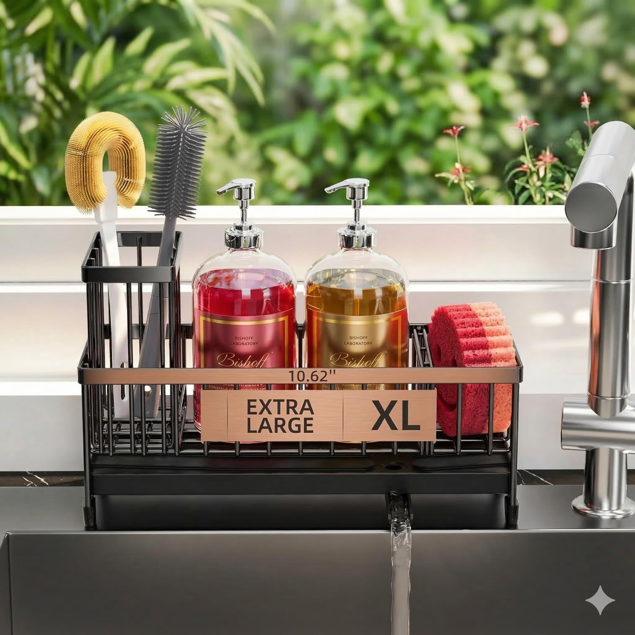 Photo 1 of ?®Premium Extra Large Kitchen Sink Organizer Caddy - Premium Stainless Steel Sponge Holder, Dish Brush Rack & Soap Dispenser Tray for Countertop Storage (Black)