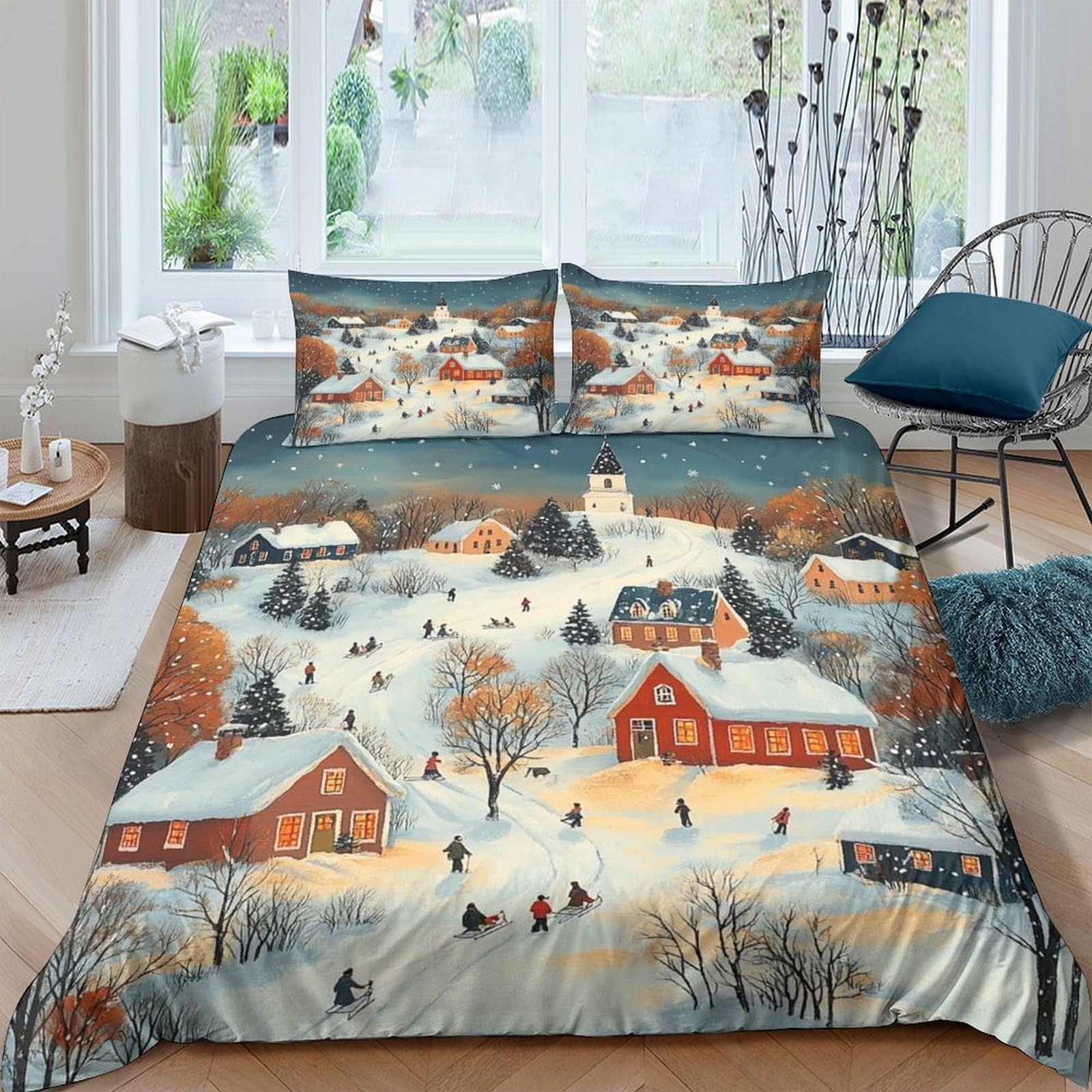 Ctjqhvkz Style-2 3D Printed Winter Village Scene Fitted Sheet Microfiber Soft Decorative Snowy Landscape Bed Cover For Bedroom Guest Room Mattress Protection Single（135X200cm）
