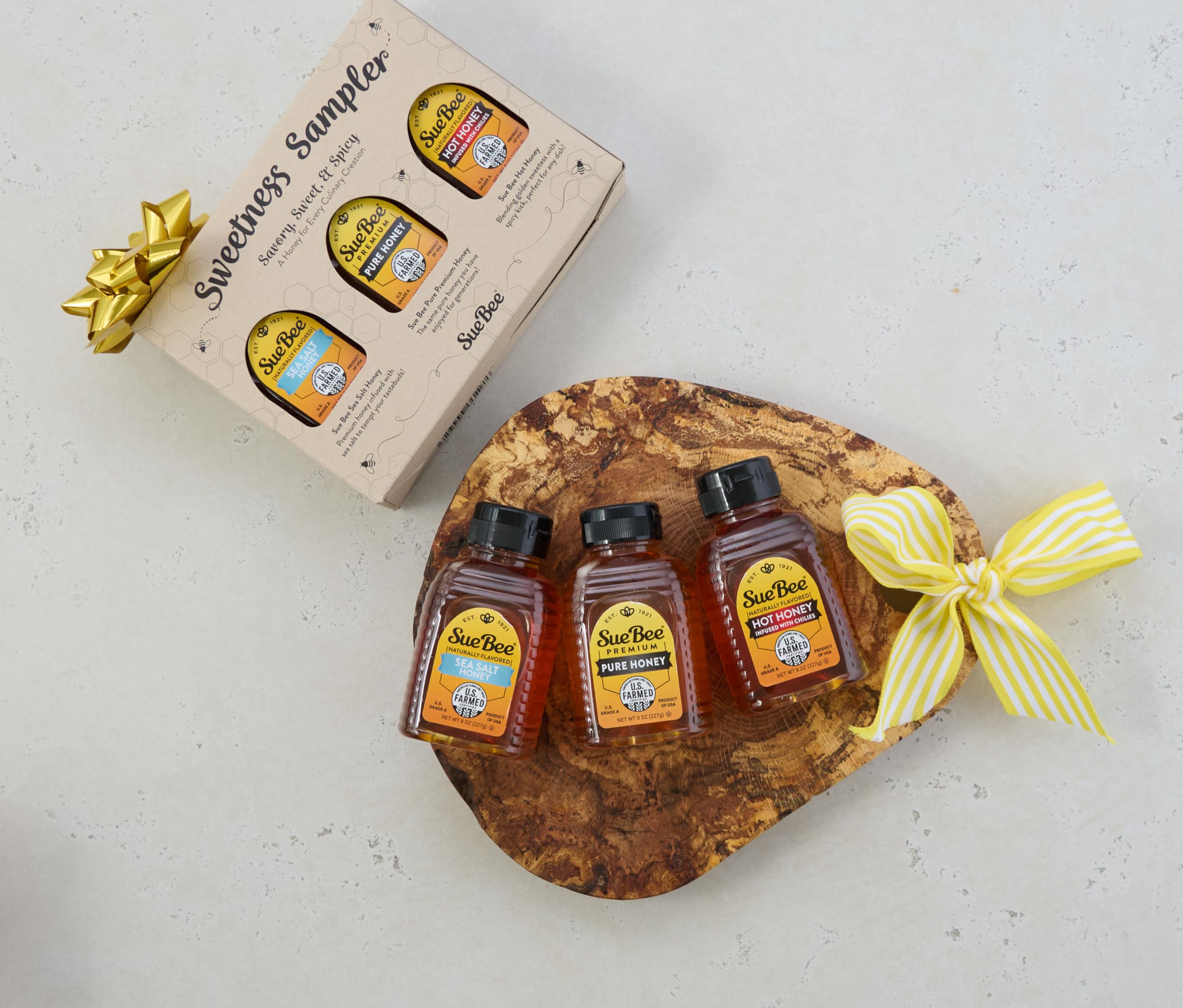 Sue Bee® Sweetness Sampler – 3 Pack Honey Gift Set | Original, Hot & Sea Salt | Pure U.S. Farmed Certified | Gourmet Gift Set for Foodies, Cooking, Tea, Charcuterie & Holiday Gifting 8 Ounce (Pack of 3)