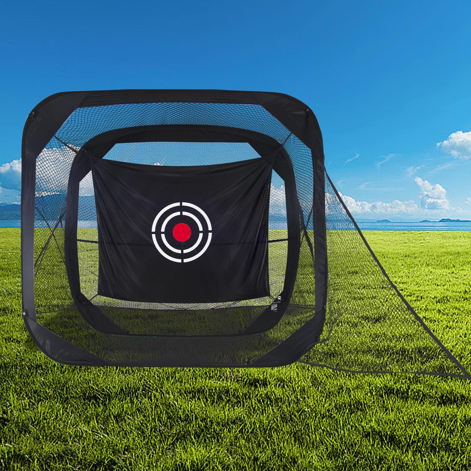 Golfnetz 210x120x210 cm: Golf Übungsnetz mit flexiblem Flachstahlrahmen, Glasfaserstäben und merzerisiertem Zieltuch