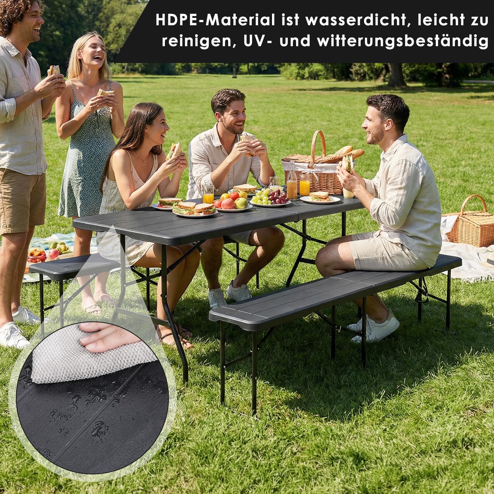 Set Tenda da Birra 3 Pezzi 180cm, Tavolo e 2 Panche Pieghevoli, Mobili da Giardino in Plastica HDPE