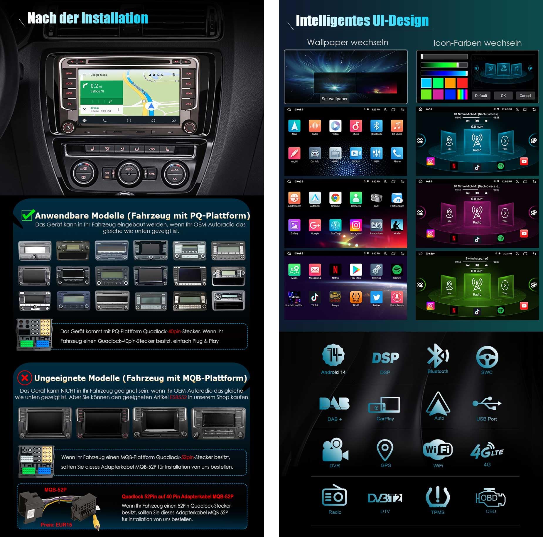 Android 14 4GB+64GB 8-Kern Autoradio GPS Navi für VW Polo 6R Passat B6 Golf V VI Touran Skoda Seat Tiguan Jetta T5 Sharan 7 Zoll DVD Player CarPlay Android Auto DAB+ WiFi 4G FM Bluetooth OPS USB A2DP