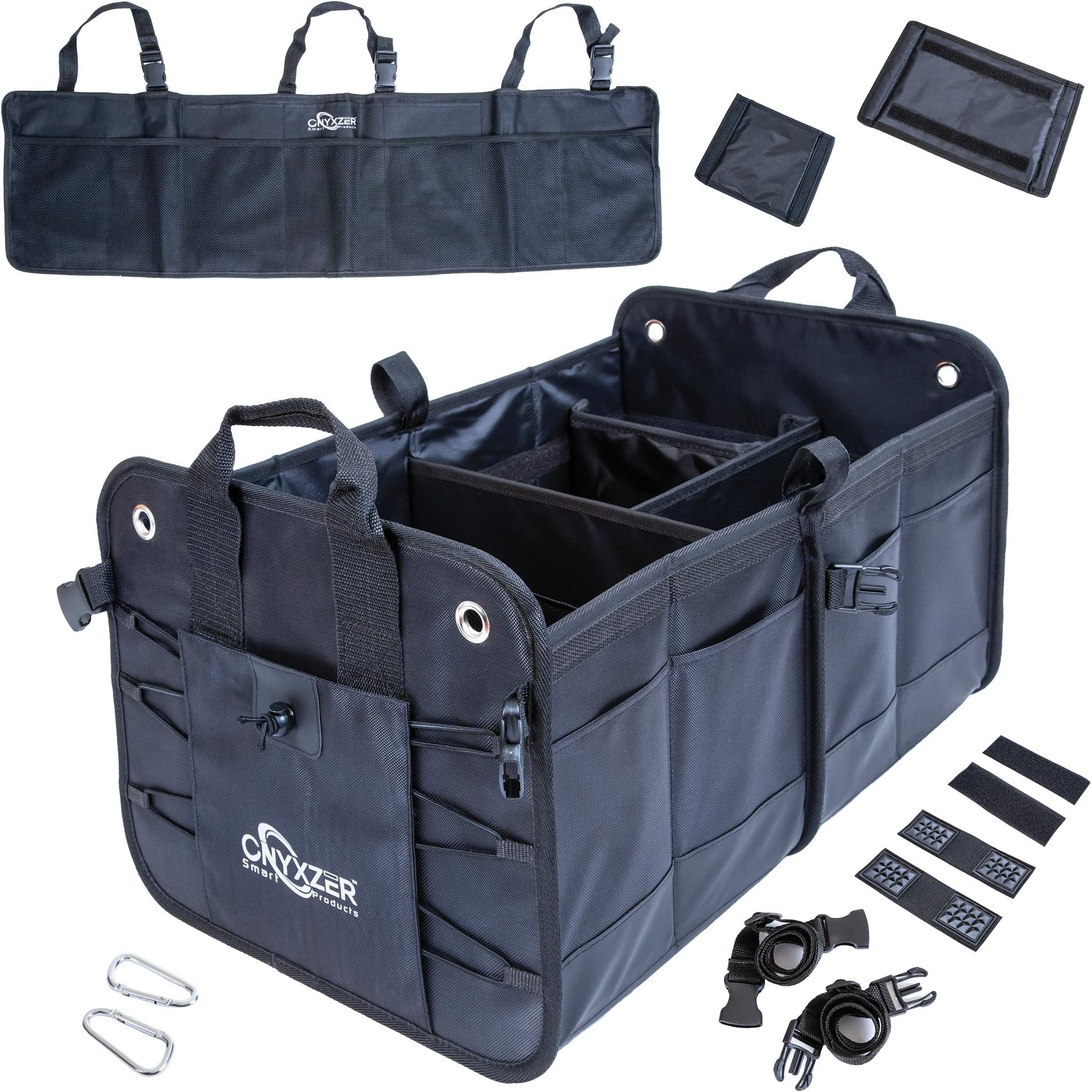 Trunk Organizer for Car and SUV Including Free Backseat Trunk Organizer | Heavy Duty Collapsible Trunk Storage Organizer | Stainless Hooks - Straps and Non-Slip Waterproof Bottom