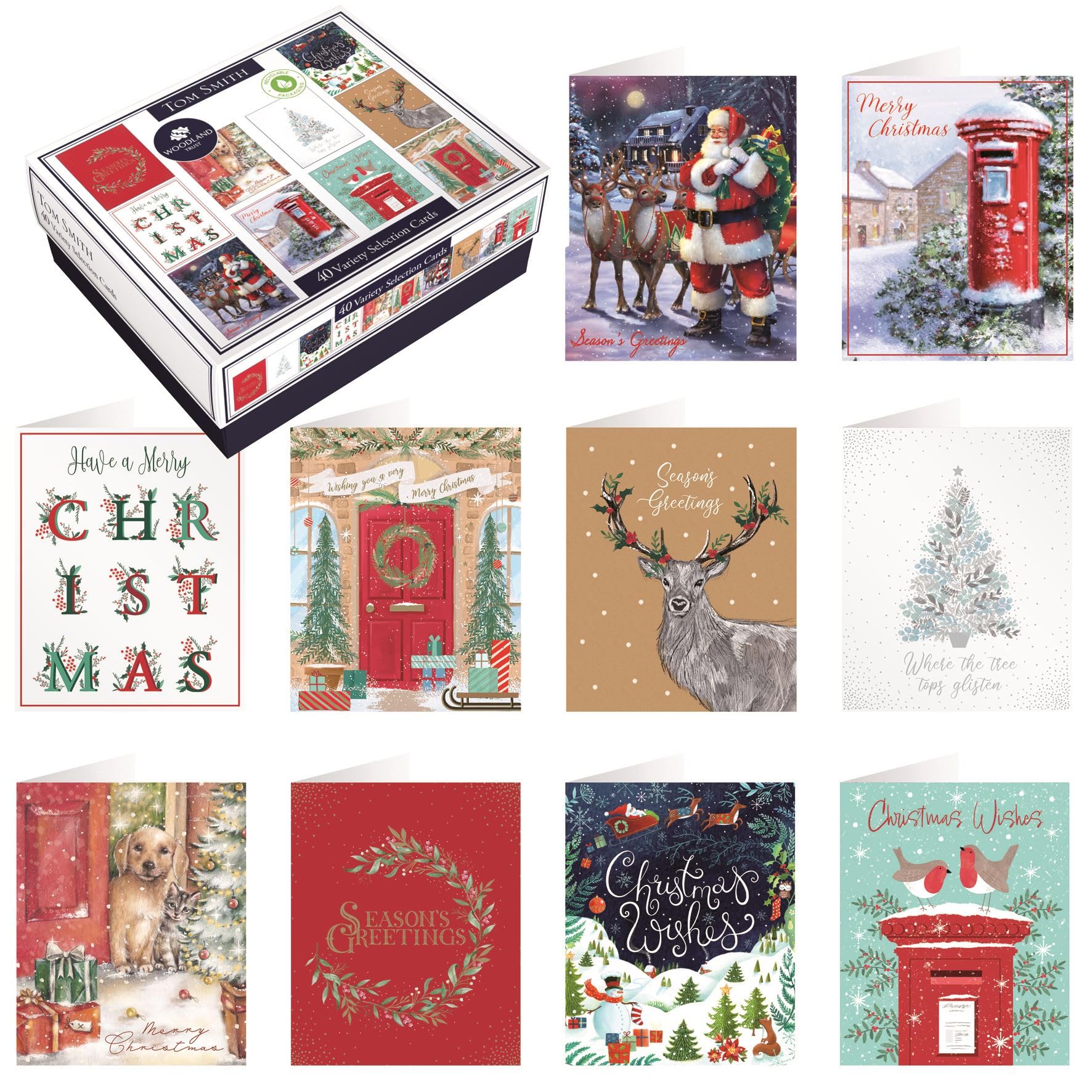 Tom Smith Weihnachtskarten – 40 Stück, 10 Verschiedene Designs, Recycelbar