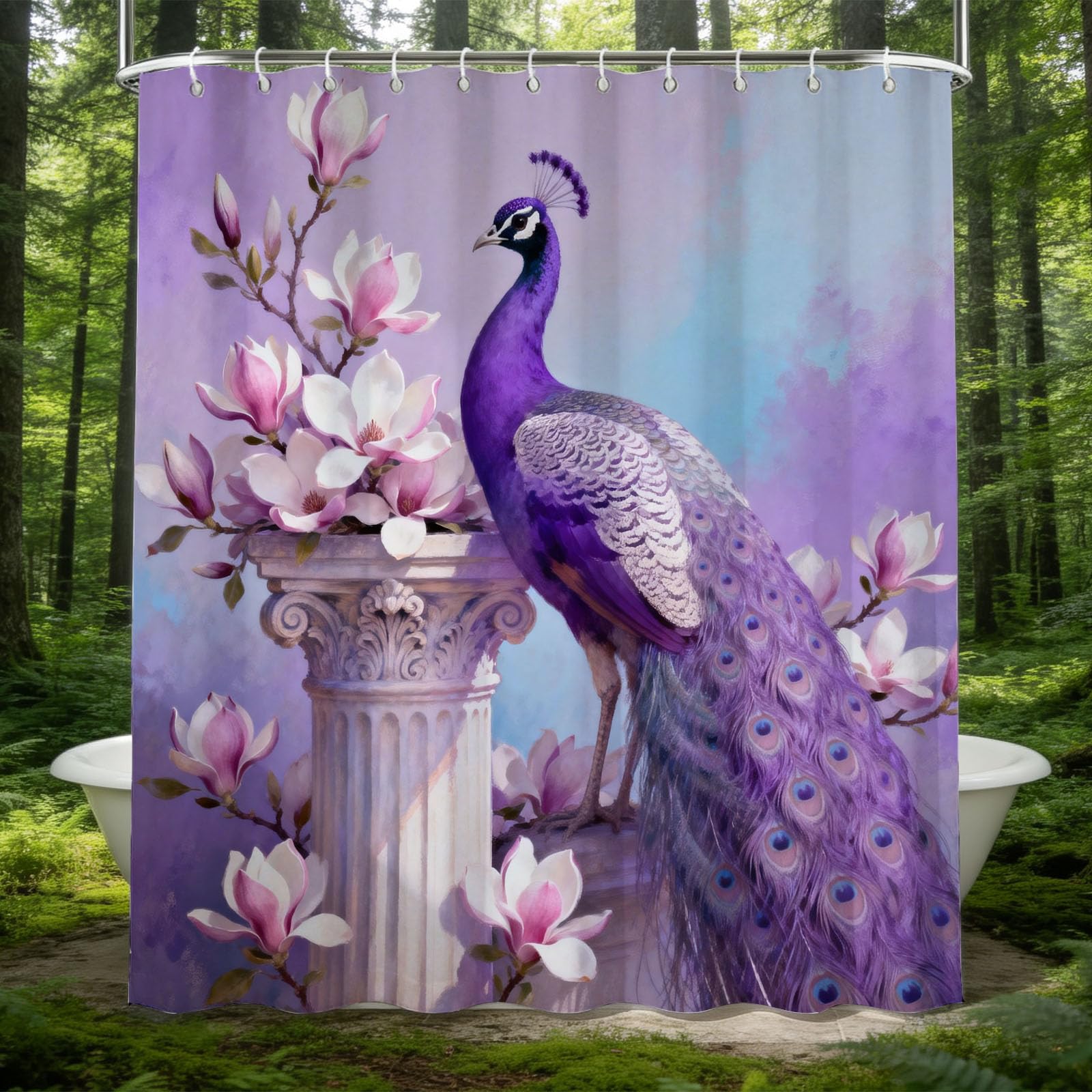 Hongduo 3D Purple Peacock Shower Curtain for Stalls Bathtubs Dreamy Bathroom Decor Shower Curtain Set Polyester Fabric Waterproof 120x180cm/48X71 Inch with Hooks