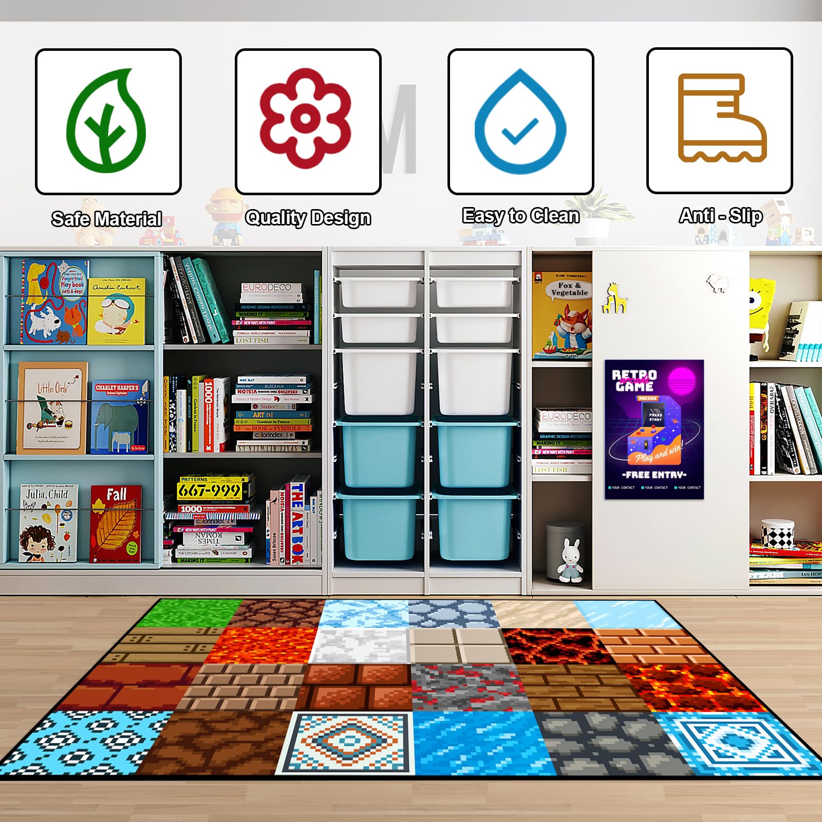 Choosmile Game Rug Teen Boys Carpet with Pixel Game Element Decoration Mat, 8 Bit Old Games Rugs for Boy’s Bedroom Living Room Playroom, Non-Slip Children Gaming Area Rugs (60