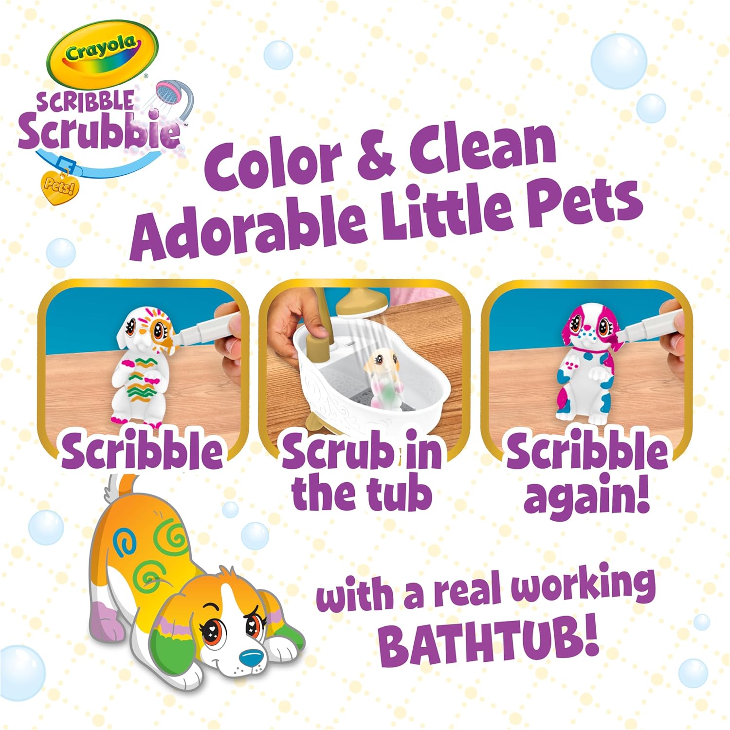 Crayola Scribble Scrubbies Glam Pack (4 Pets), Washable Pet Care Toy & Coloring Animal Craft Kit, Gift for Kids, Playset for Girls & Boys, Ages 3+