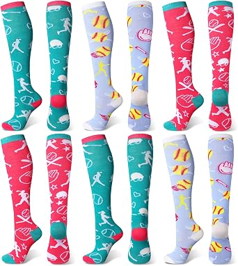 6 Pairs Girls Softball Socks Youth Sport Socks with Hearts over The Calf Athletic Gifts for Girls or Women Teens