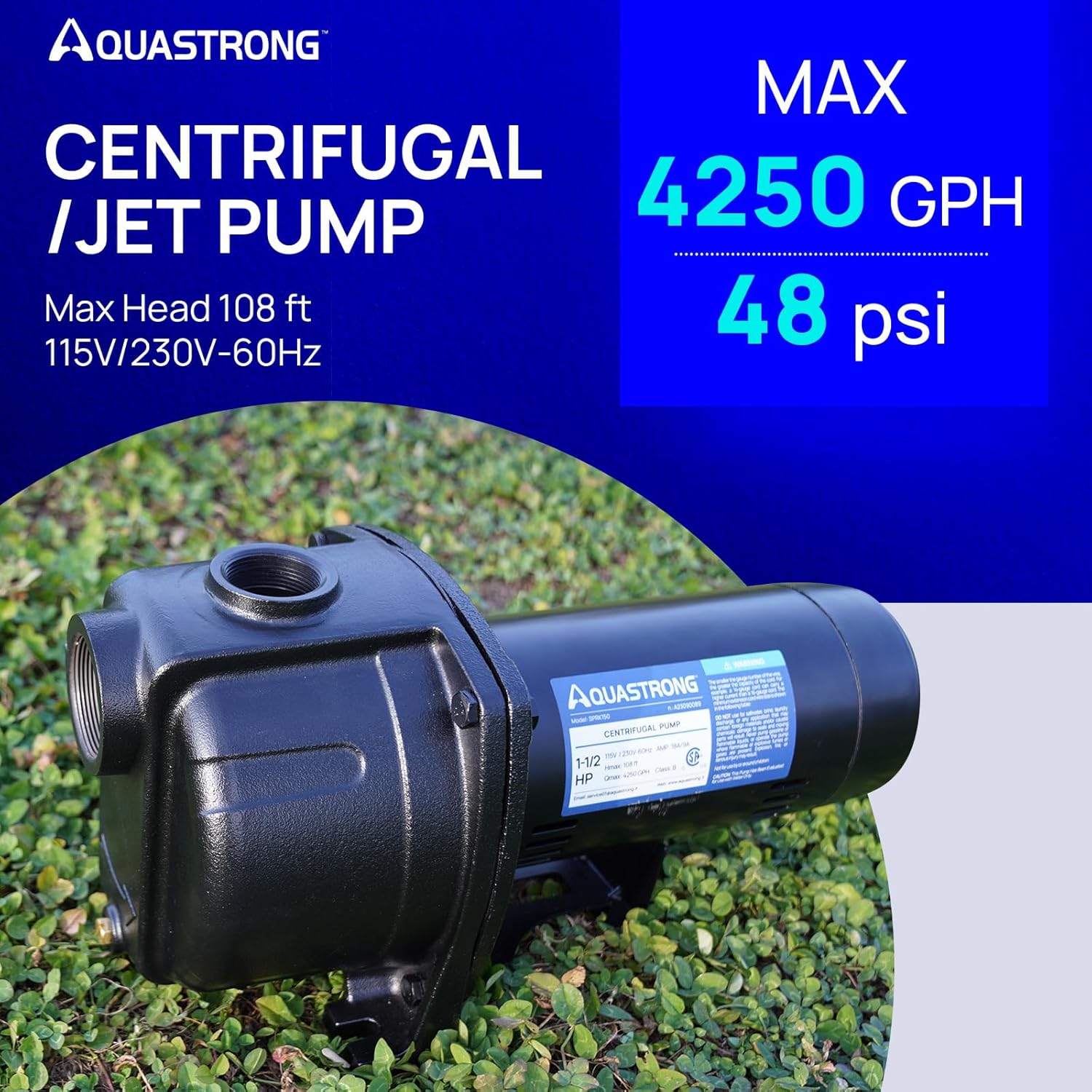 AQUASTRONG 1.5 HP Shallow Well Jet/Centrifugal Pump, 4250 GPH, 115/230V, Durable Cast Iron Booster Pump for Lawn Sprinkler, Garden Irrigation