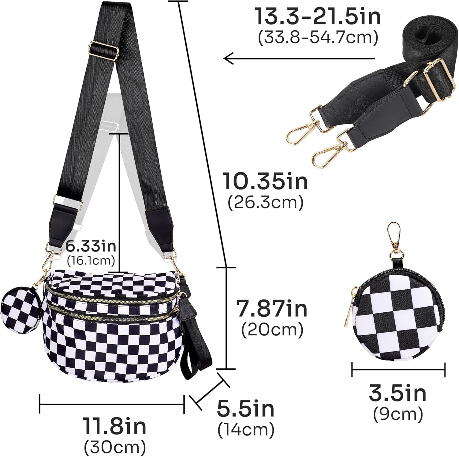 Checkered Crossbody Bag Women - Trendy Sling Fanny Pack with Coin Purse - Water-Repellent Shoulder Bum Bag with Wide Adjustable Strap for Festivals & Travel (Black & White) - Image 2