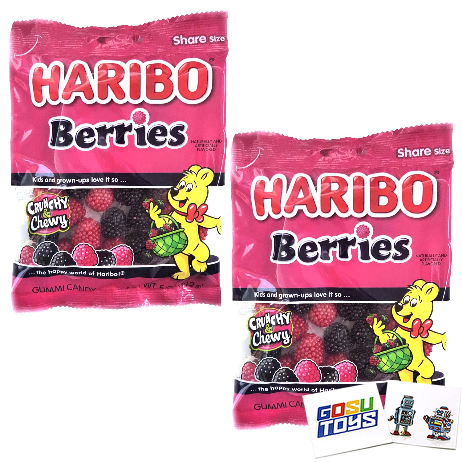 Haribo Berries Crunch and Chewy Gummy Candy (2 Pack) with 2 Gosutoys Stickers
