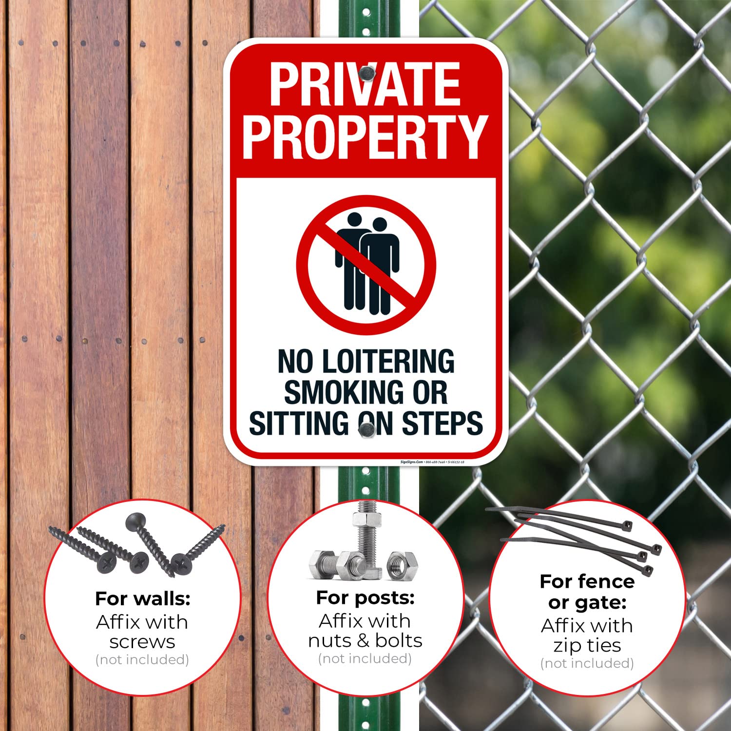 No Loitering Smoking Or Sitting On Steps with Graphic Sign, 12x18 Inches, Rust Free .063 Aluminum, Fade Resistant, Made in USA