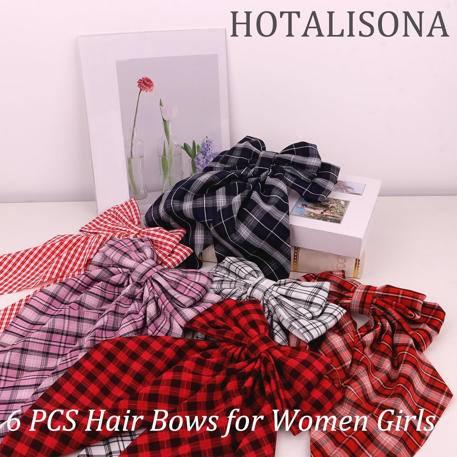 Hair Bows Red Black White Big Checkered Hair Bows Ribbon Clips for Women Girls 6PCS - Image 3