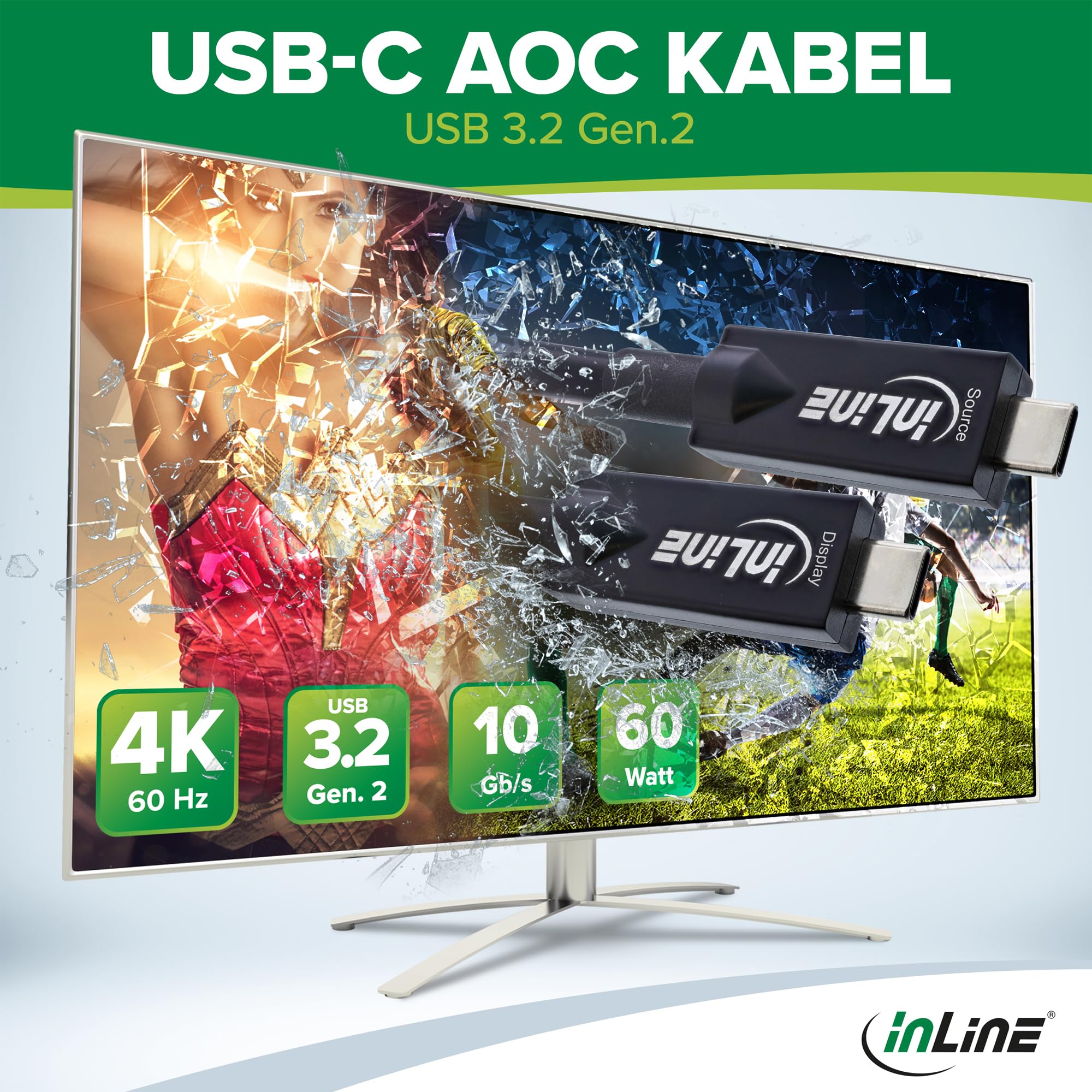 InLine USB-C AOC Kabel 10m, USB 3.2 Gen.2, 10Gb/s, DisplayPort Alt Mode, HDR, 60W, schwarz, 35799A