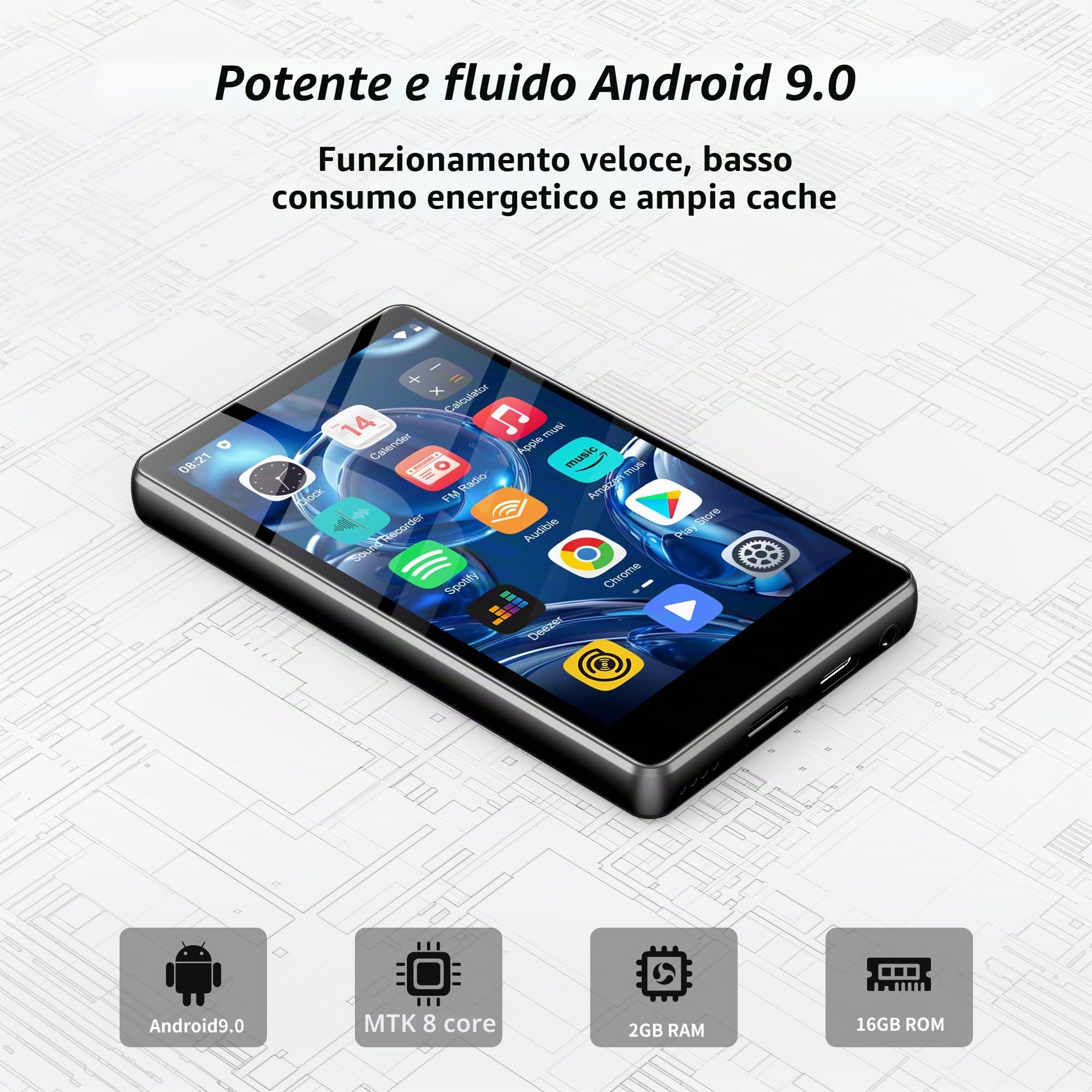 SWOFY M503Pro - Lettore MP3 da 80 GB, Android, Wi-Fi, Bluetooth, schermo touch da 4", compatibile con Spotify, Amazon Music, Audible, Libby, browser web, espandibile fino a 1 TB, nero