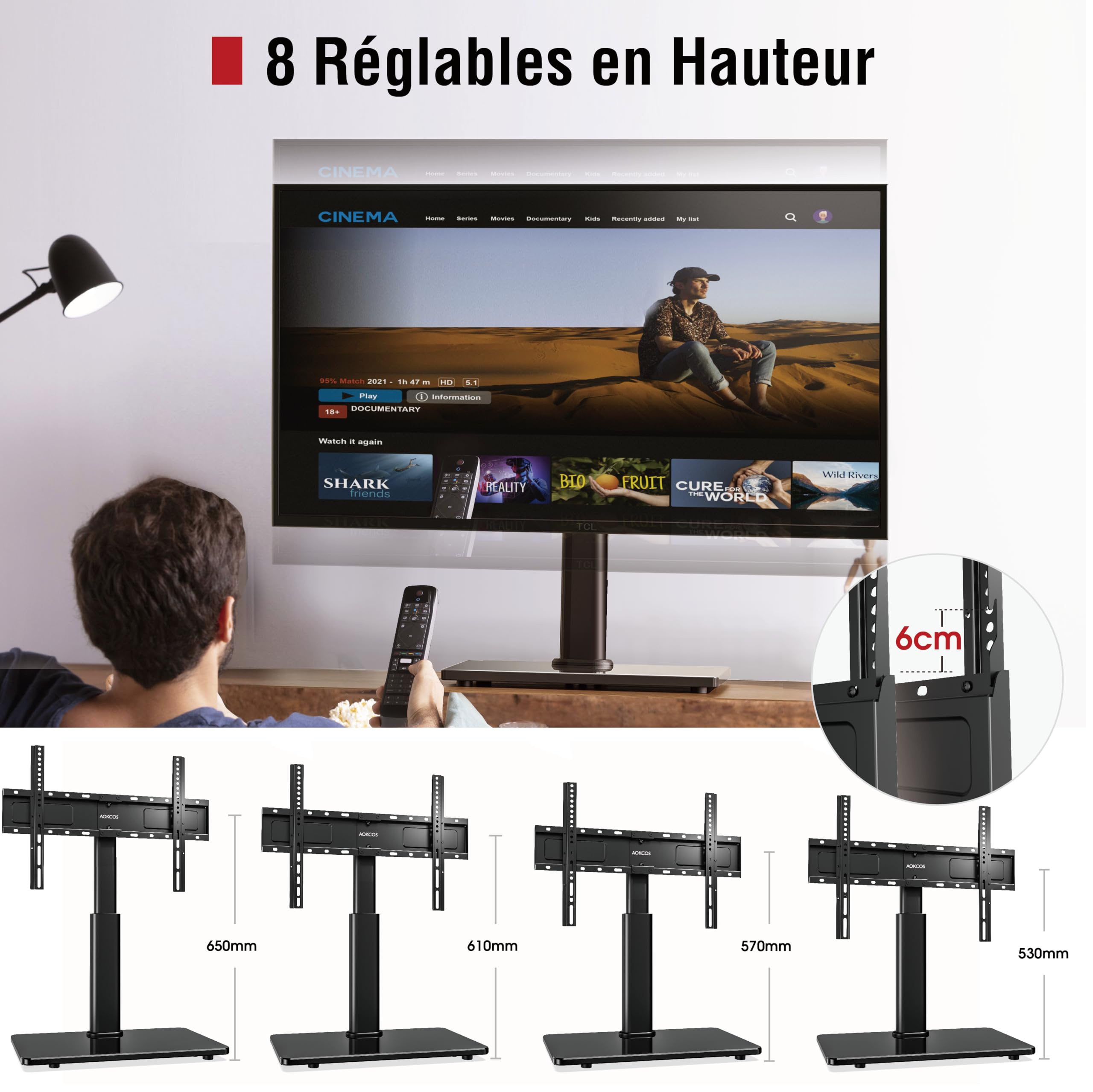 AOKCOS Support TV sur Pied pour TV de 32-75 Pouces - Pied TV Universel Pivotant 60° Inclinaison 12° Max Capacité 45 kg - Max VESA 600x400 mm