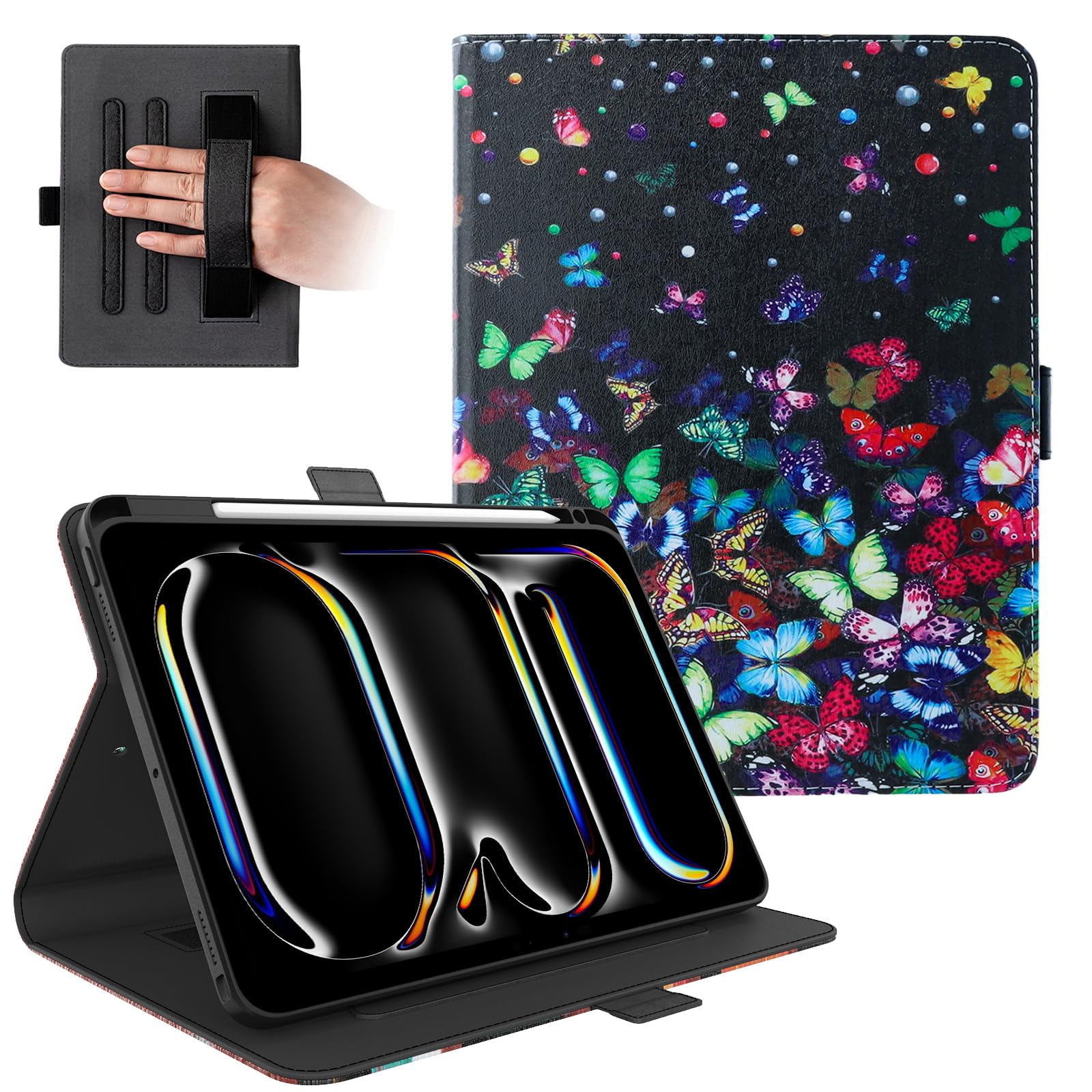 Dteck for iPad Pro 11" (M4/M5) 2024/2025 Smart Folio Case with Adjustable Stand/Auto Sleep Wake/Pencil Holder/Hand Strap/Magnetic Strap Closure, PU