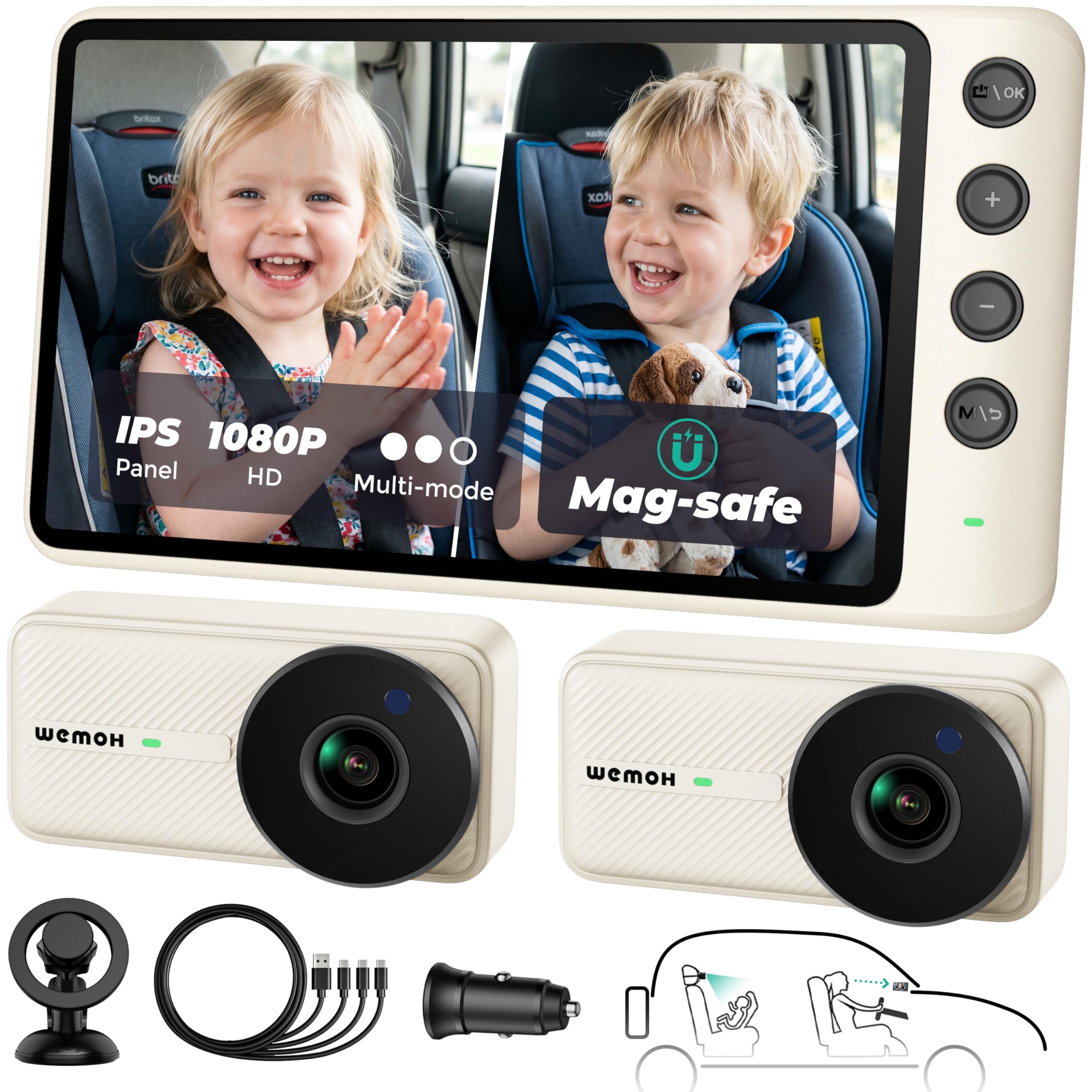 #1 Cámara Doble Magnética para Coche para 2 Bebés con Monitor IPS de 5" 1080P, Visión Nocturna Automática y Montaje Magnético, Modos de Zoom/Espejo/División, Alimentación USB, Configuración en 5 Global Recycled Standard Global Recycled Standard Global Recycled Standard
